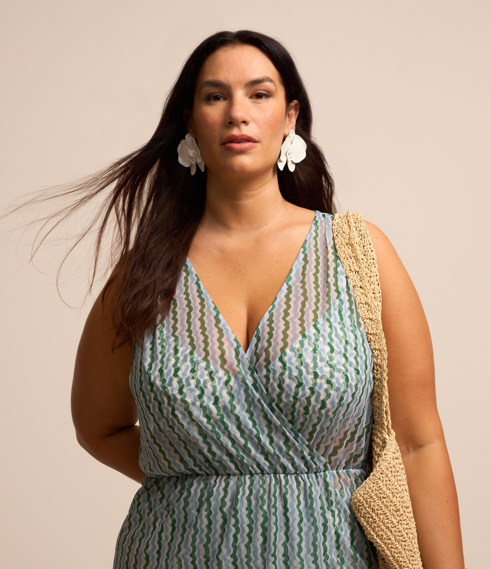 Saída de Praia Vestido em Tule Estampado Curve & Plus Size Verde 3
