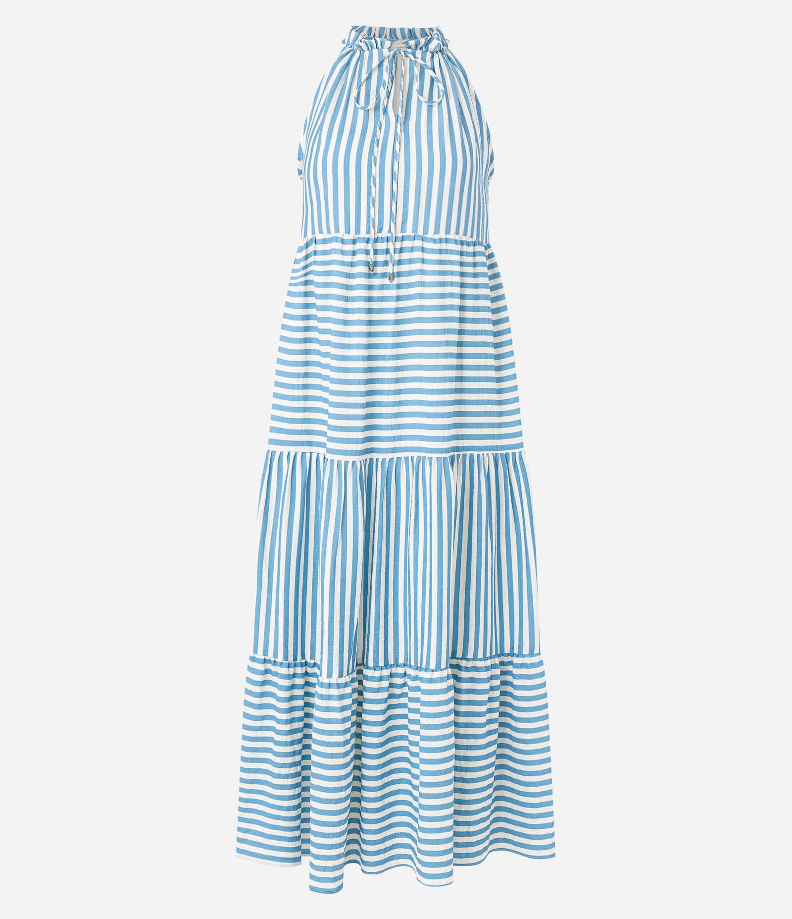 Vestido Evasê New Midi em Viscose Listrada com Barra Franzida Azul/Branco 5