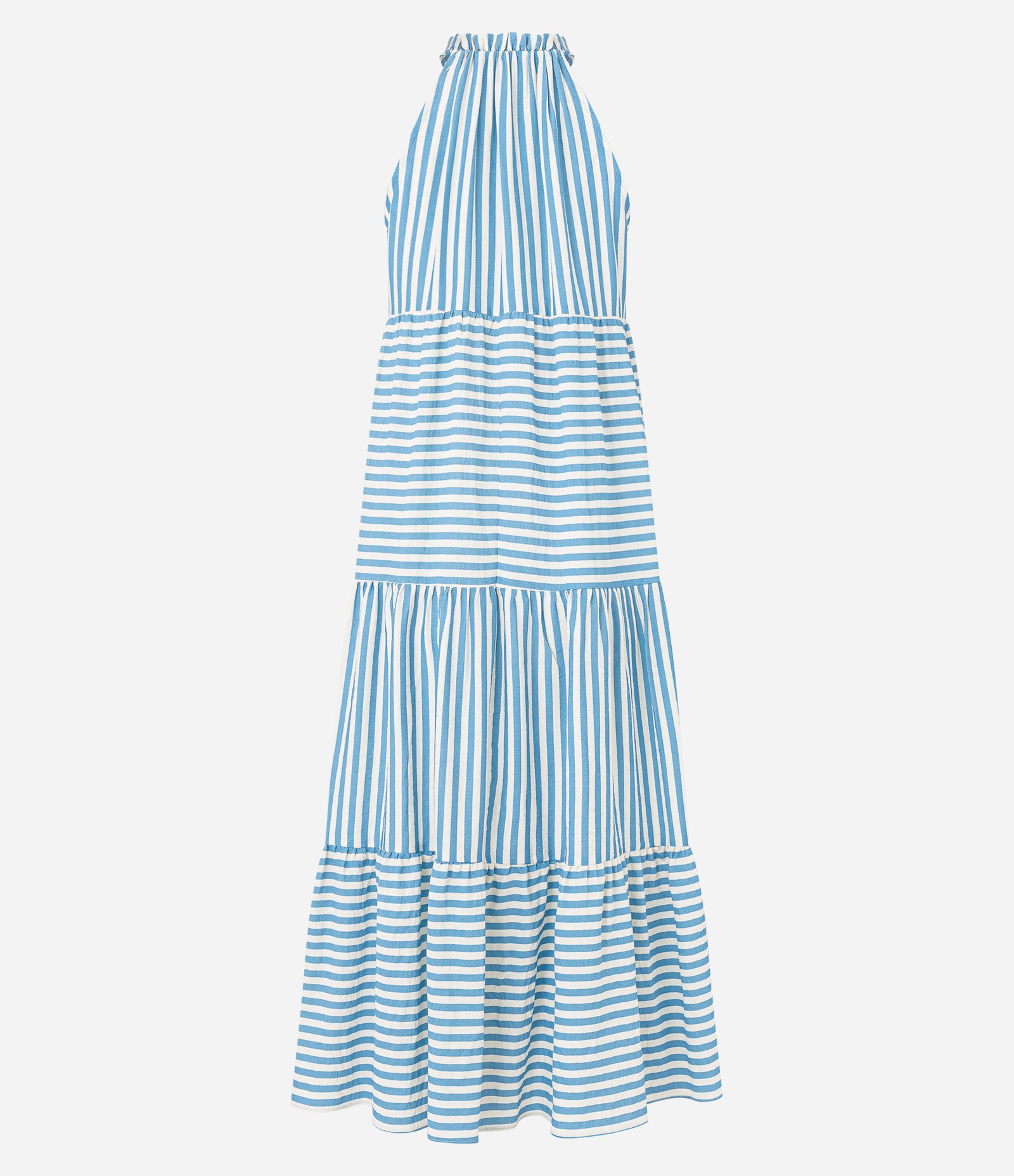 Vestido Evasê New Midi em Viscose Listrada com Barra Franzida Azul/Branco 6