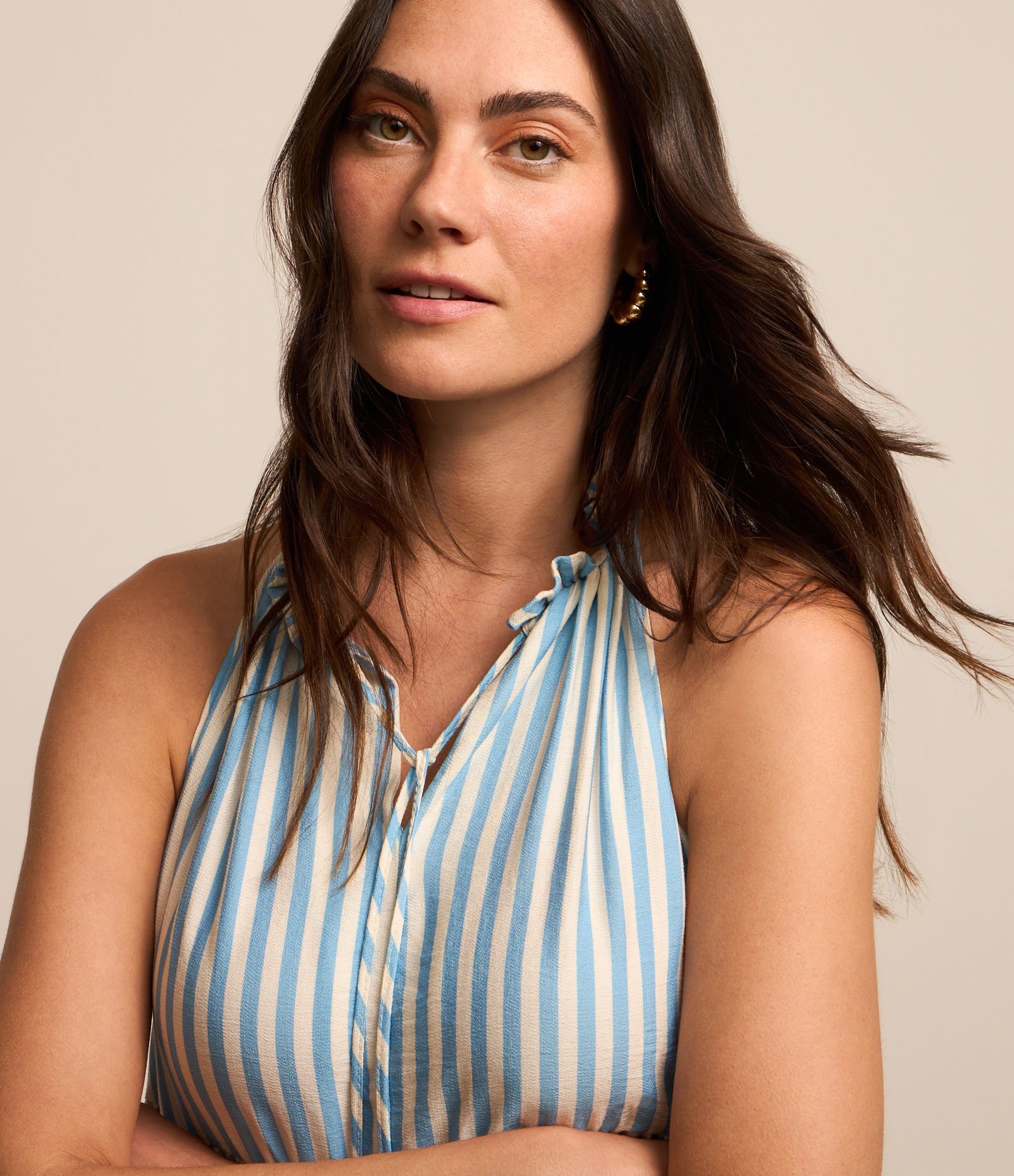 Vestido Evasê New Midi em Viscose Listrada com Barra Franzida Azul/Branco 3