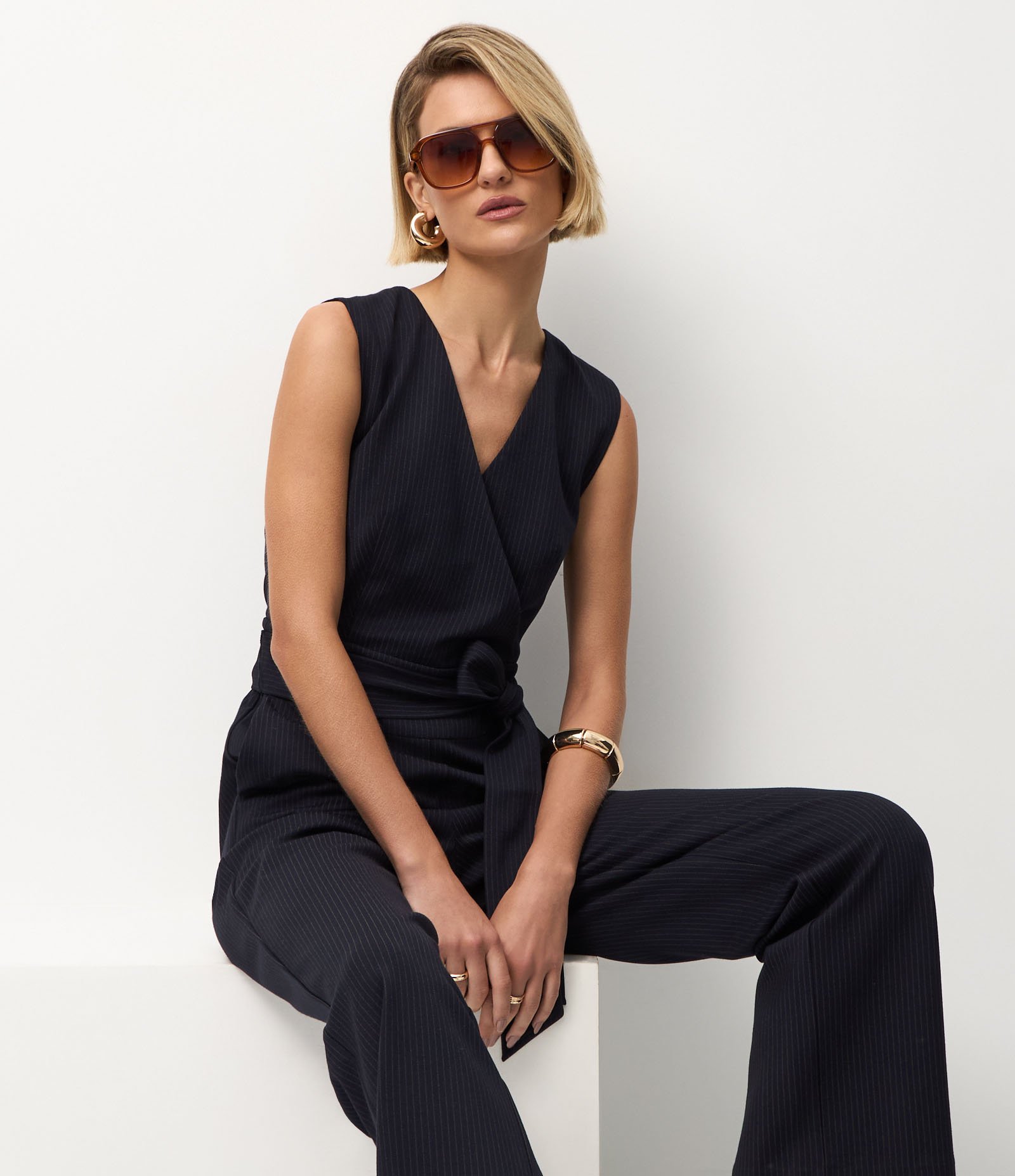 Macacão em Ponto Roma Estampa Risca de Giz Azul 4