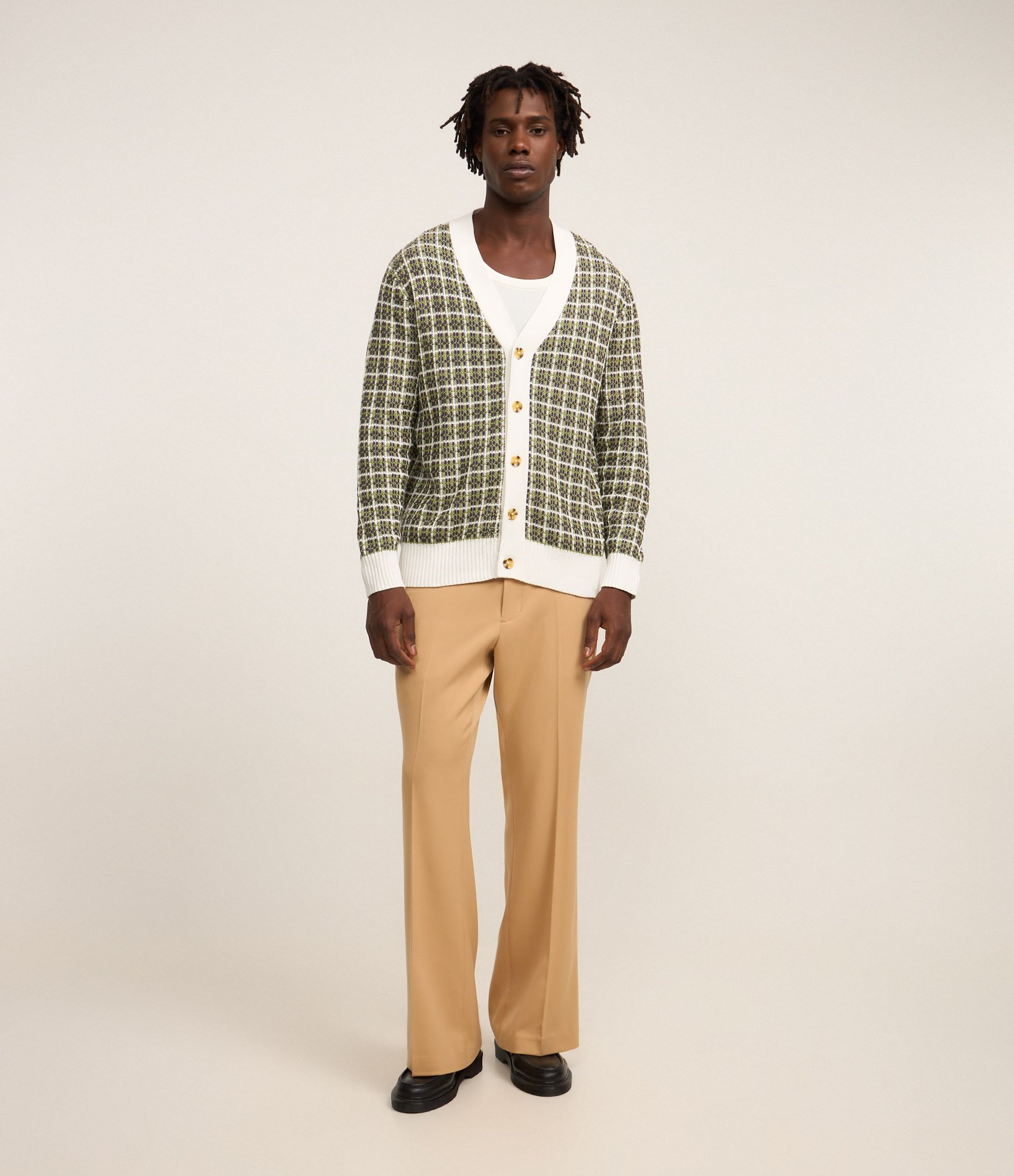 Cardigan Comfort em Tricô com Textura Verde/Bege/Branco 2