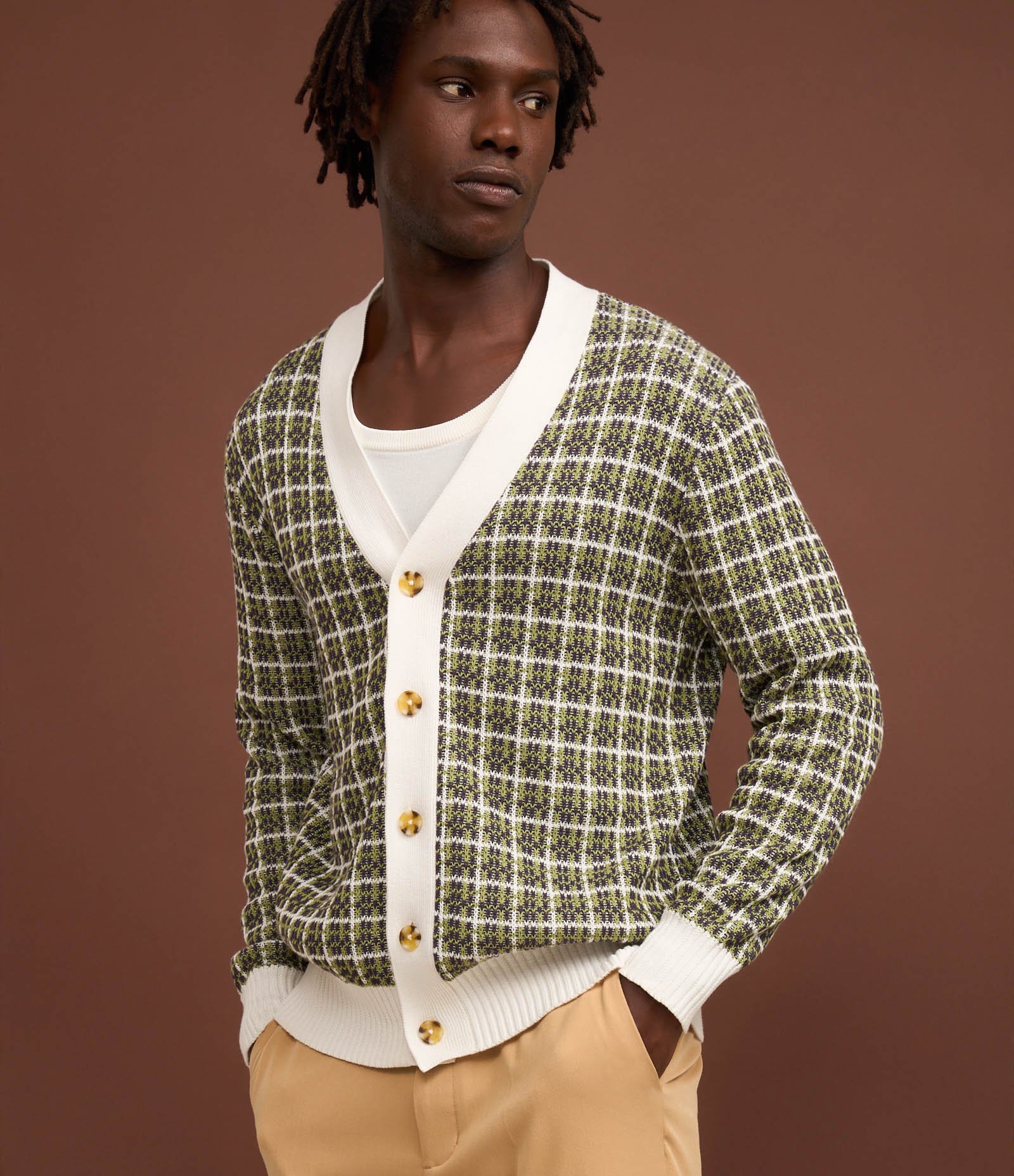 Cardigan Comfort em Tricô com Textura Verde/Bege/Branco 3