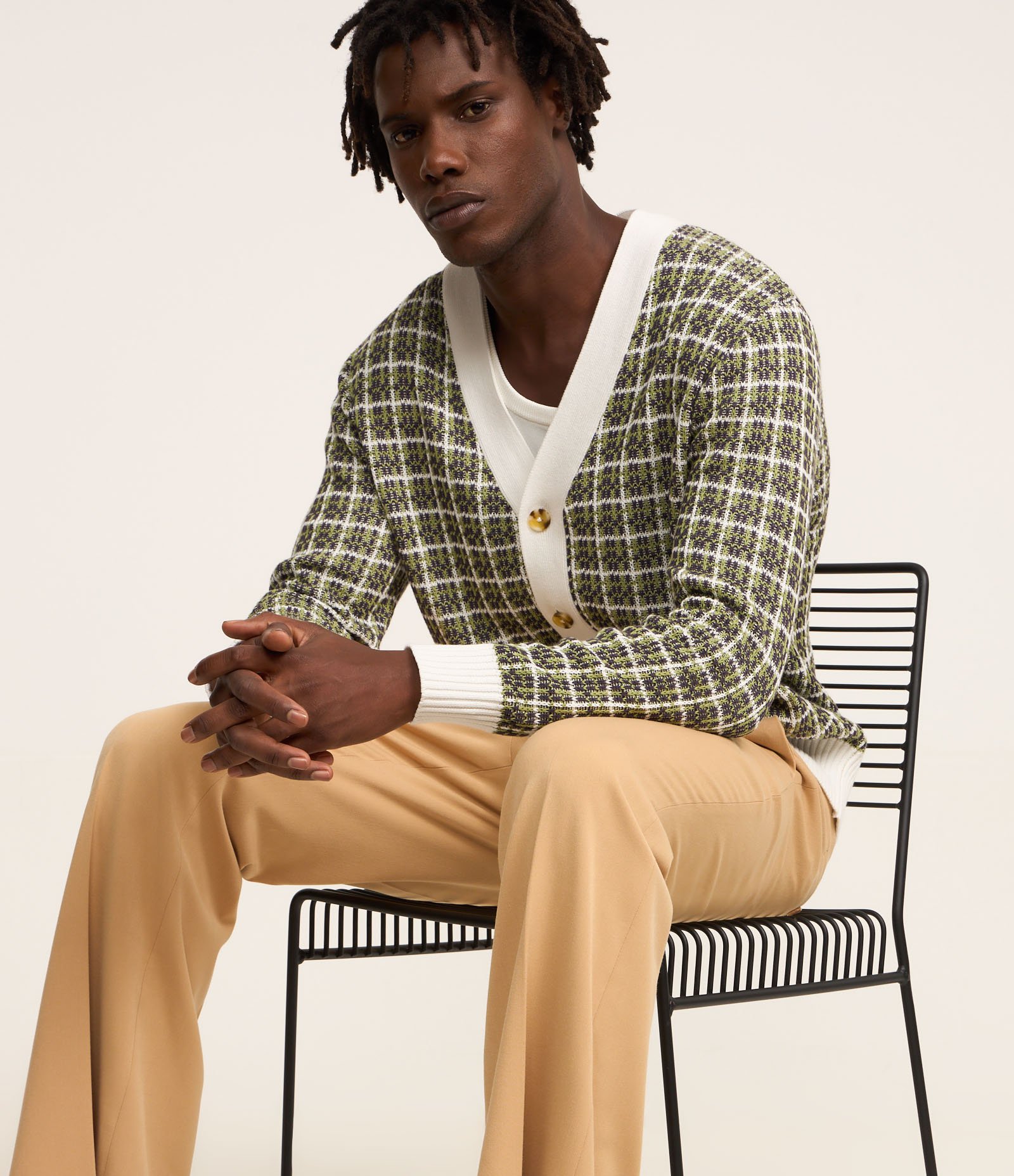 Cardigan Comfort em Tricô com Textura Verde/Bege/Branco 4