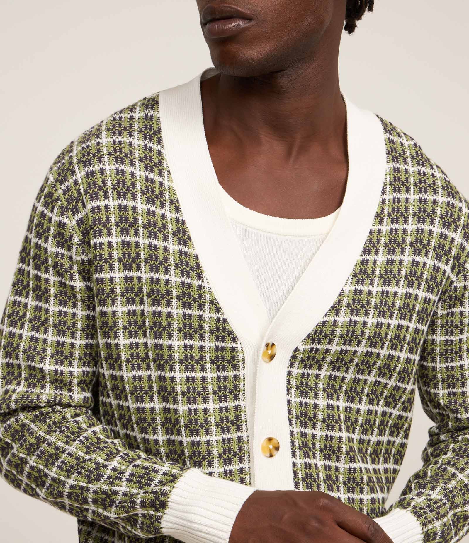 Cardigan Comfort em Tricô com Textura Verde/Bege/Branco 6