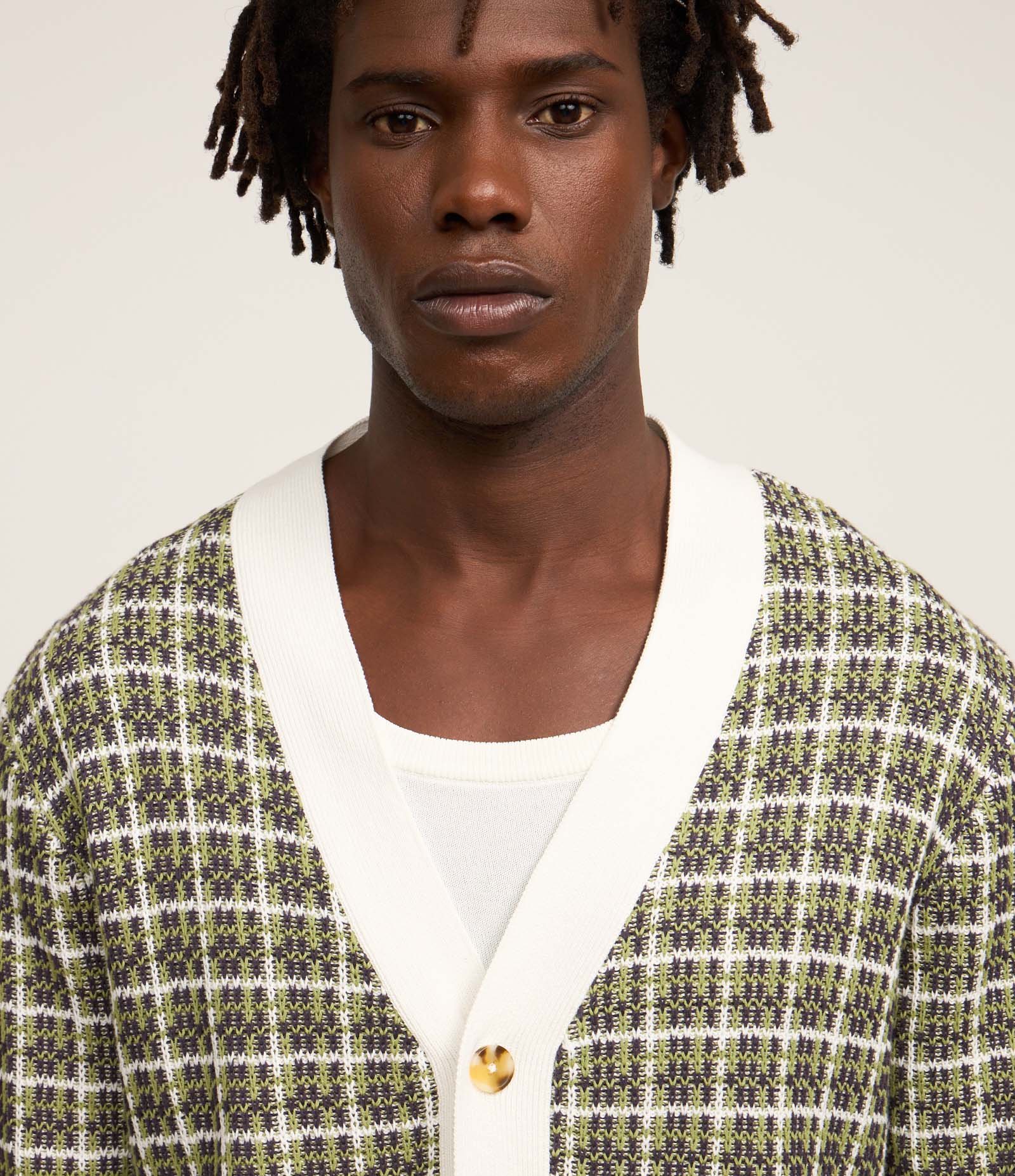 Cardigan Comfort em Tricô com Textura Verde/Bege/Branco 7