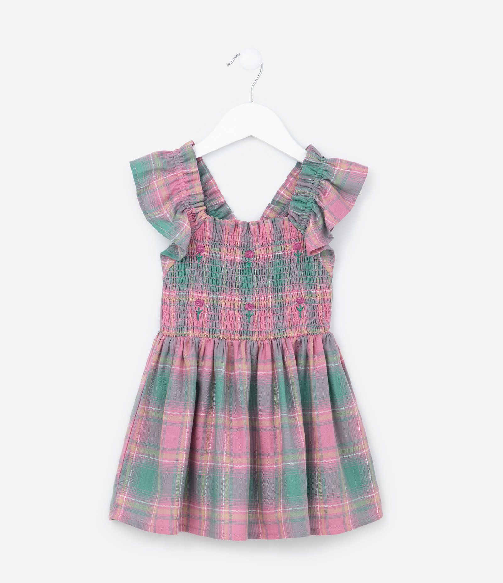 Vestido Infantil em Tricoline com Babados - Tam 1 a 5 Anos Rosa/Verde 1