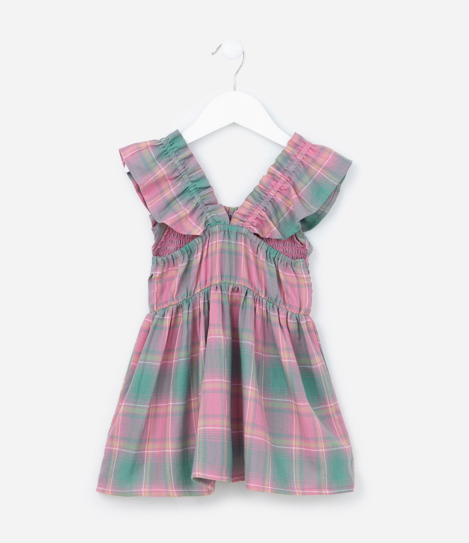 Vestido Infantil em Tricoline com Babados - Tam 1 a 5 Anos Rosa/Verde 2