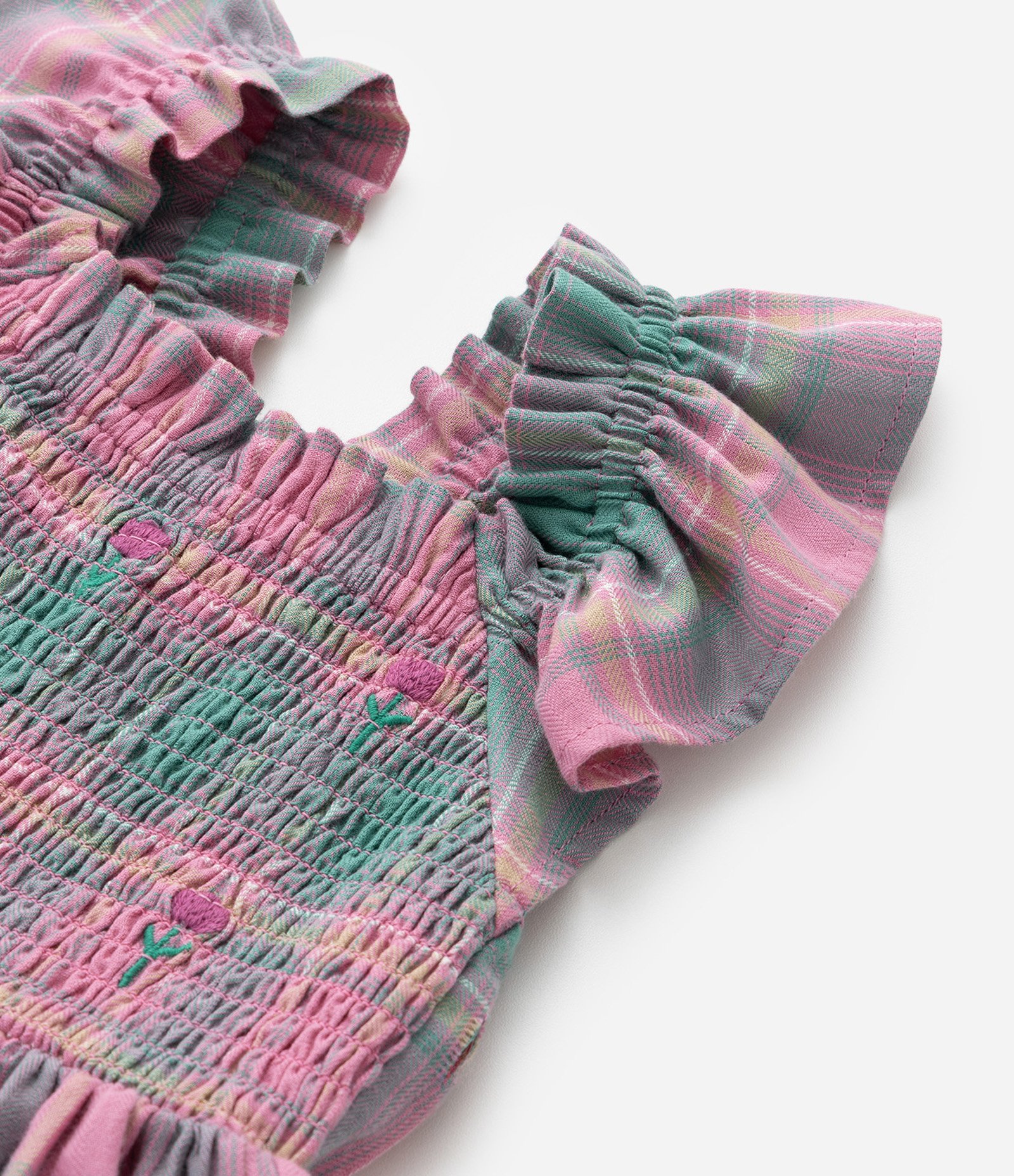 Vestido Infantil em Tricoline com Babados - Tam 1 a 5 Anos Rosa/Verde 4