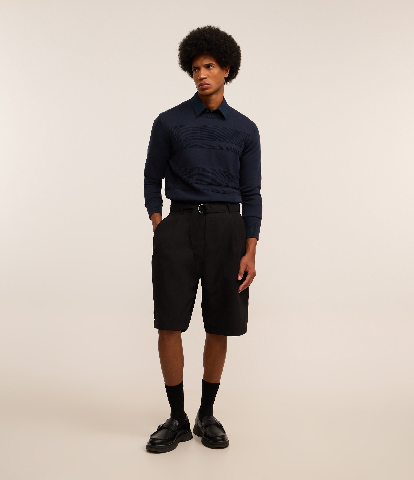 Suéter em Tricô com Textura em Listras Azul Marinho 2