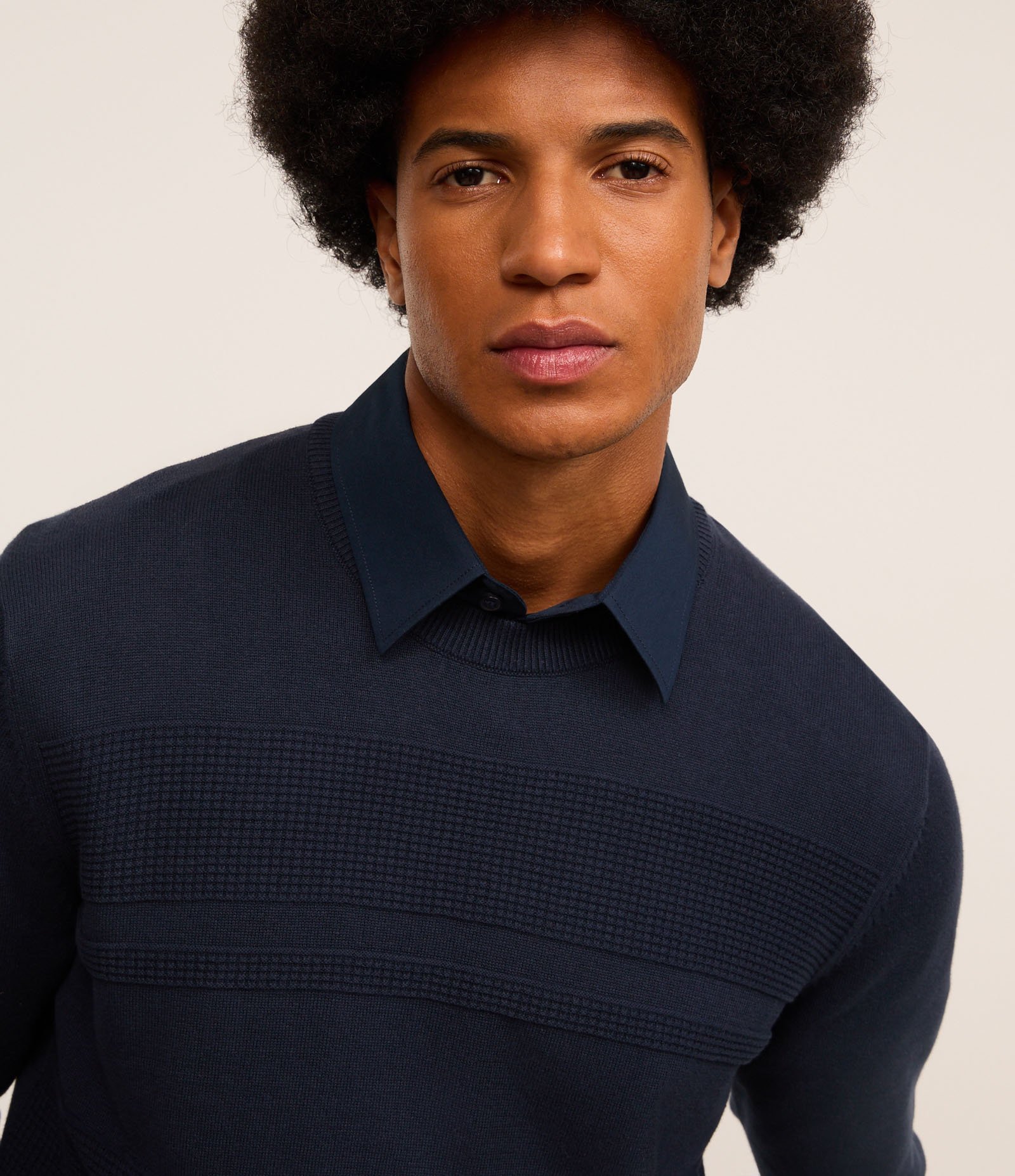 Suéter em Tricô com Textura em Listras Azul Marinho 6