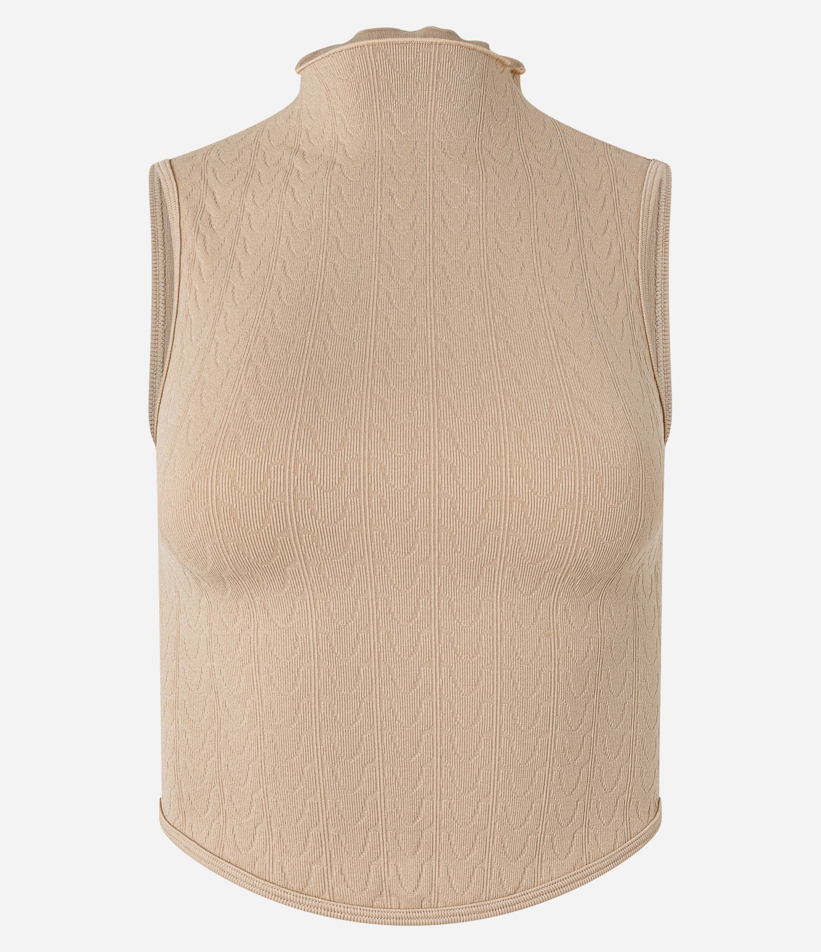 Blusa sem Manga em Poliamida Seamless e Gola Alta com Frufru Bege 4