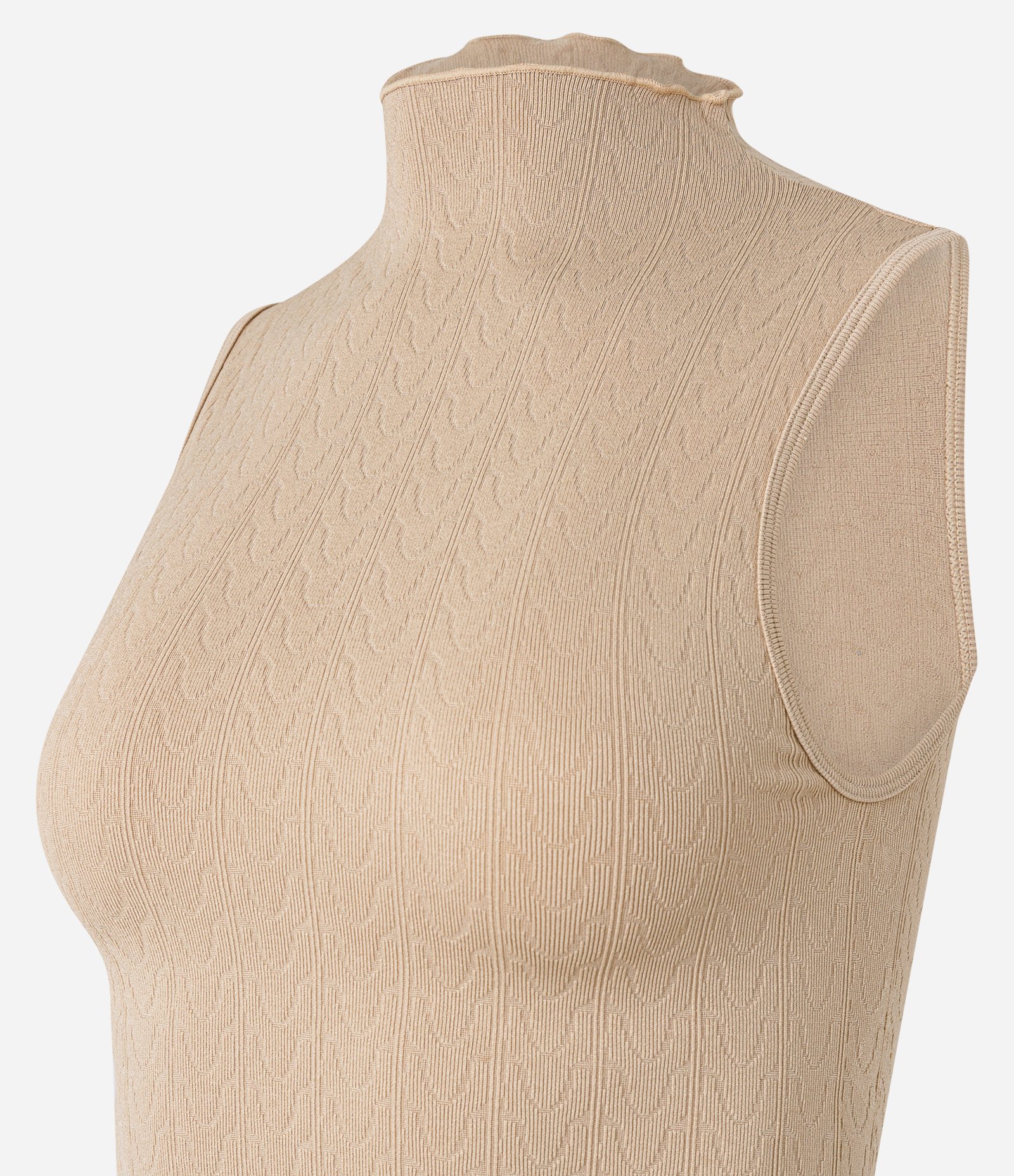 Blusa sem Manga em Poliamida Seamless e Gola Alta com Frufru Bege 5