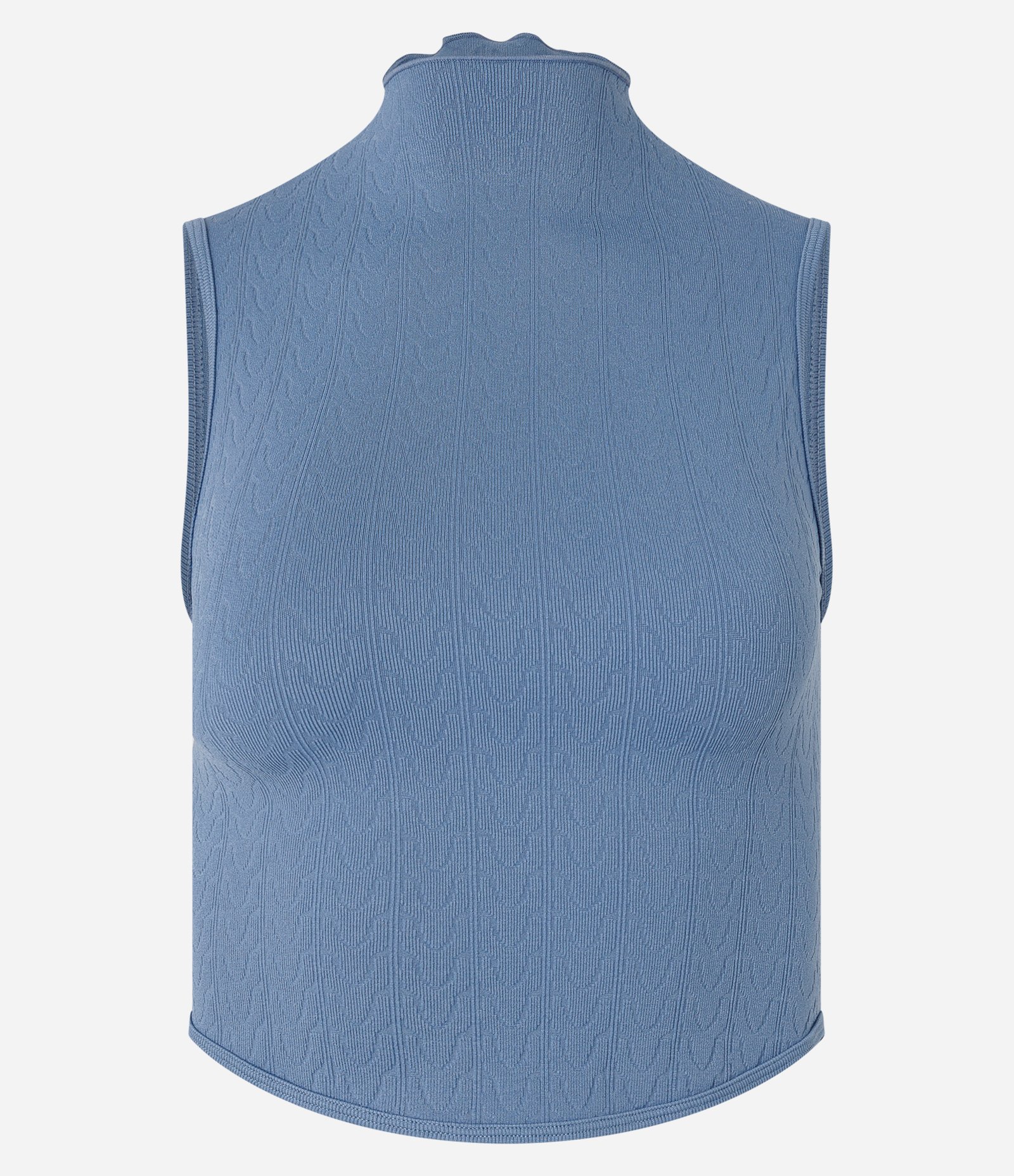 Blusa sem Manga em Poliamida Seamless e Gola Alta com Frufru Azul 4