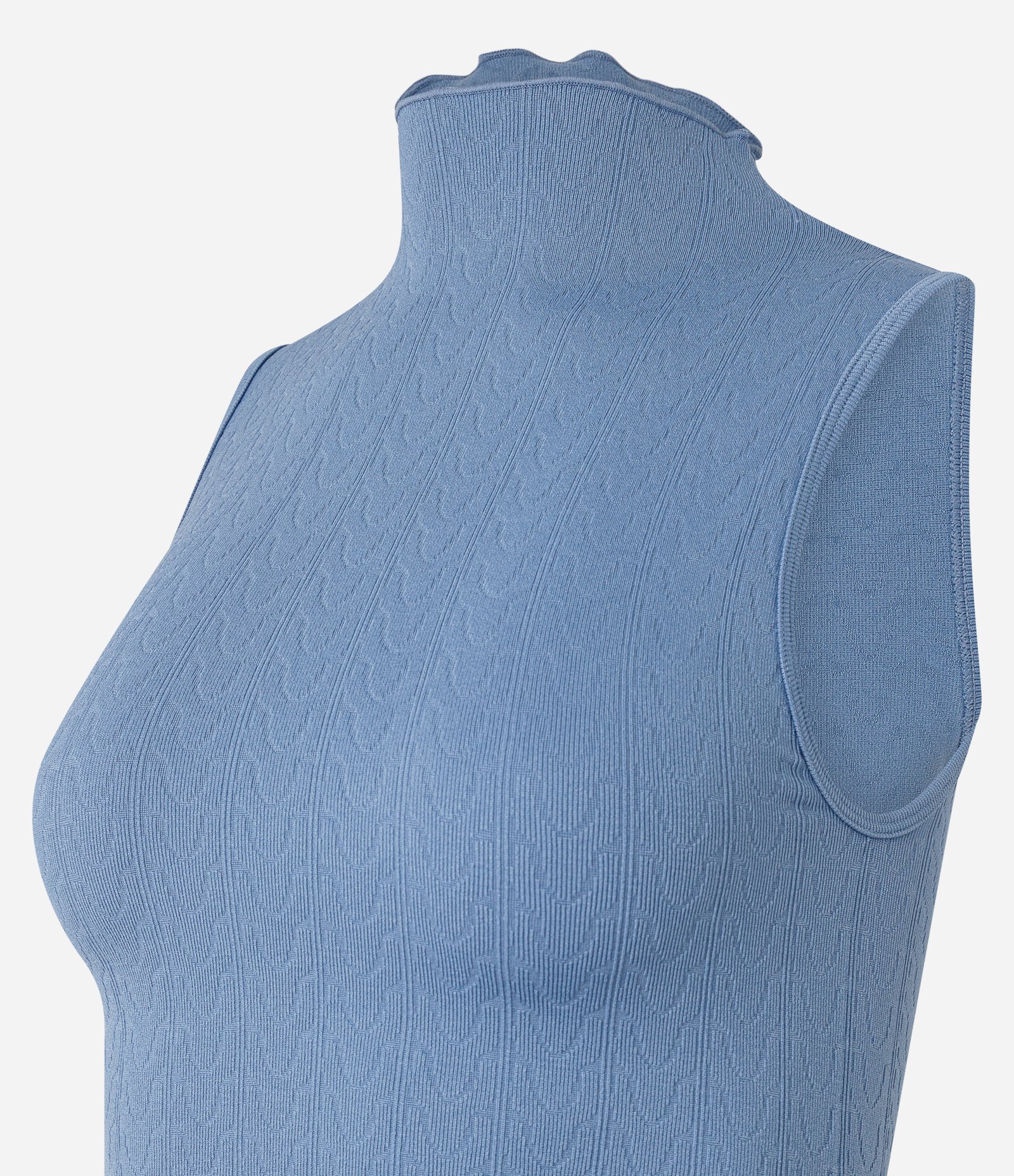 Blusa sem Manga em Poliamida Seamless e Gola Alta com Frufru Azul 5