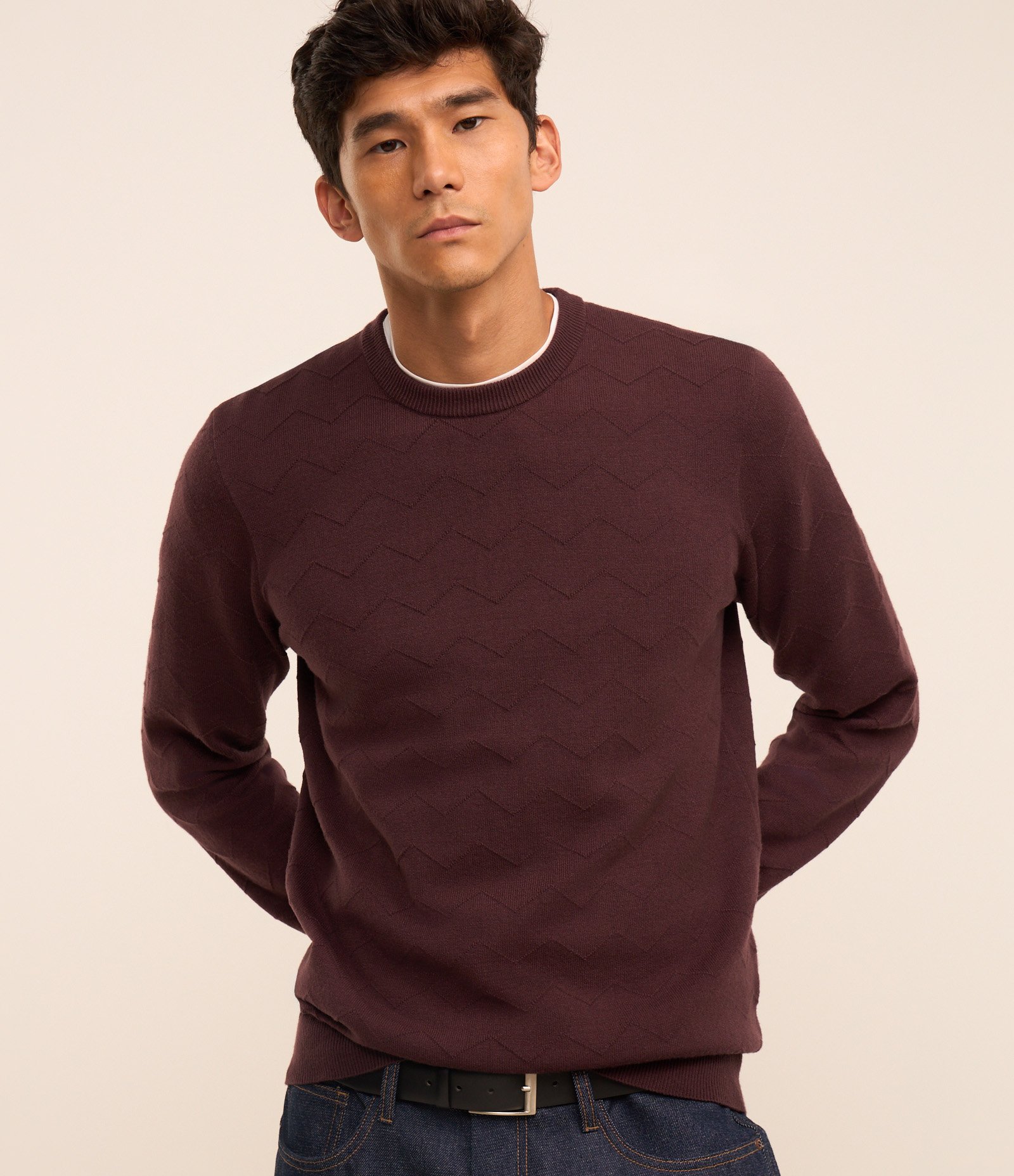 Suéter em Tricô com Textura Zig Zag Bordô 1