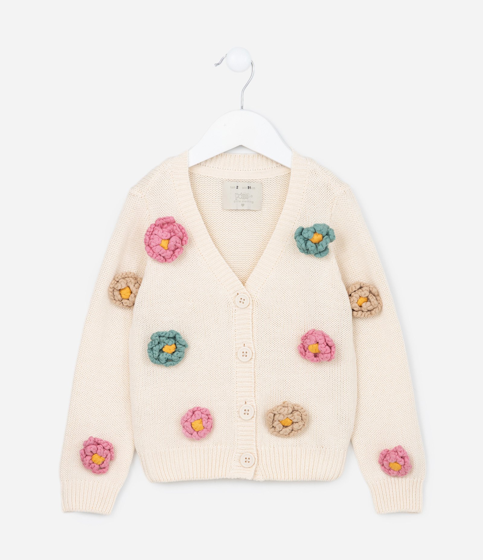 Suéter Infantil em Tricô com Florzinhas Aplicadas - Tam 1 A 5 Bege 1