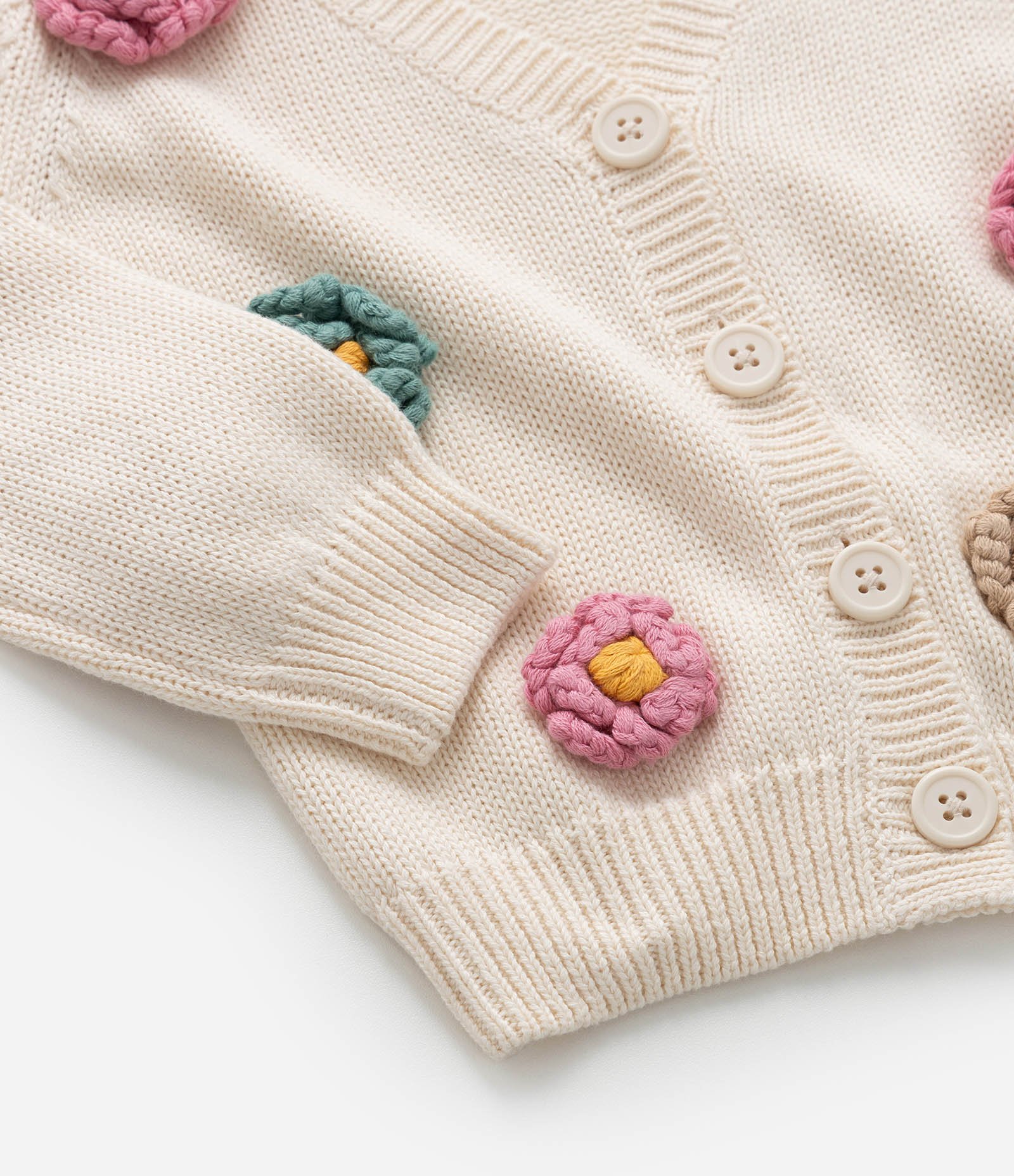 Suéter Infantil em Tricô com Florzinhas Aplicadas - Tam 1 A 5 Bege 6