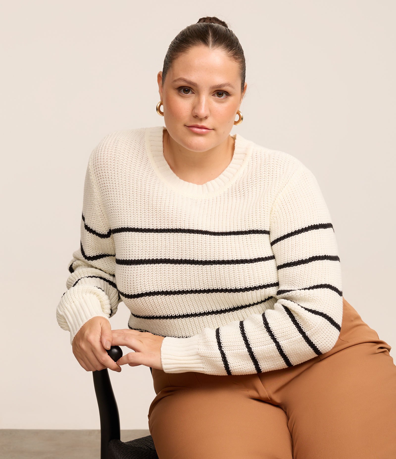 Suéter em Tricô com Listras Curve & Plus Size Off White 1