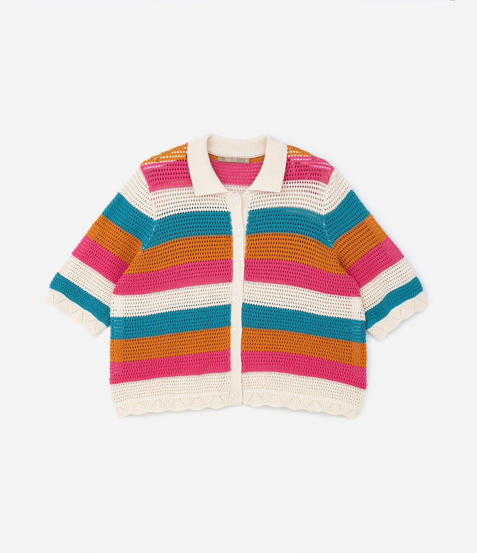 Blusa Efeito Crochê Listrada com Botões Curve & Plus Size Multicores 5