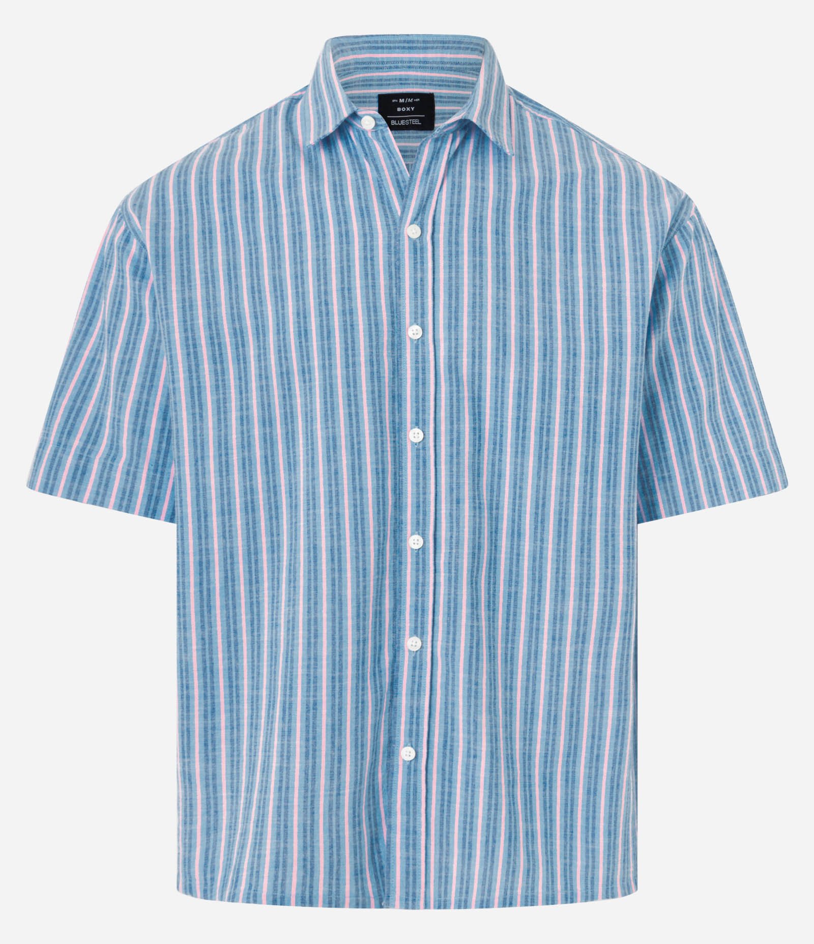 Camisa Boxy em Oxford com Listras Finas Azul/Rosa 1