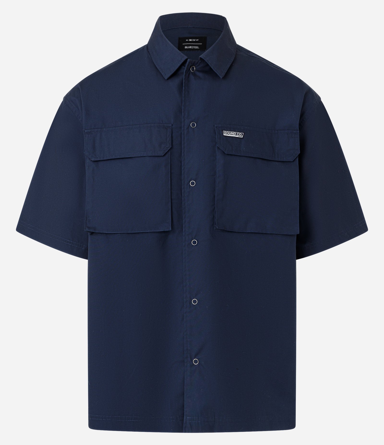 Camisa Boxy em Tricoline com Bolsos Cargo e Etiqueta Azul Marinho 1