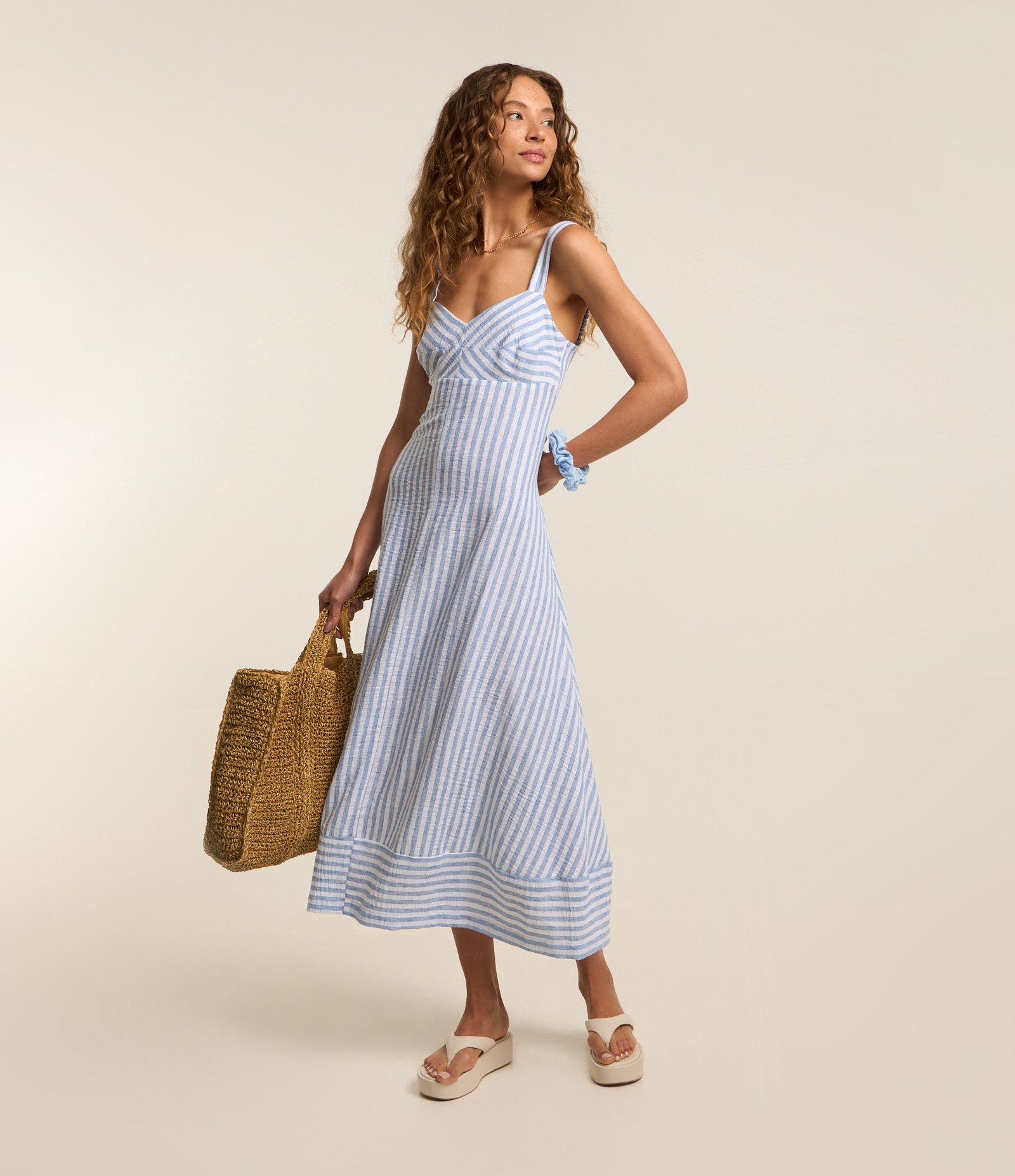 Vestido New Midi em Tricoline Listrado e Barra Invertida Azul 1