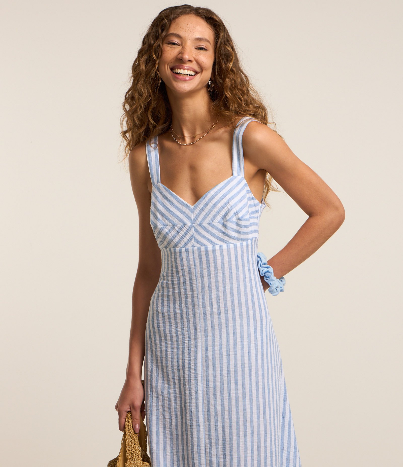 Vestido New Midi em Tricoline Listrado e Barra Invertida Azul 2