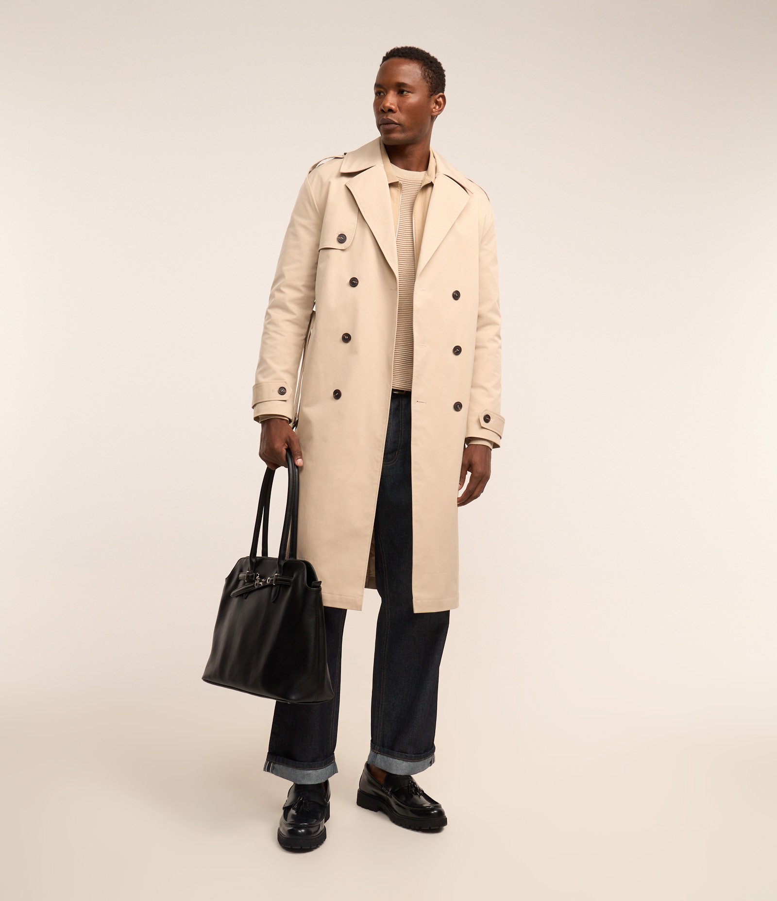 Casaco Trench Coat Alongado com Cinto Alfaiatado Bege 1