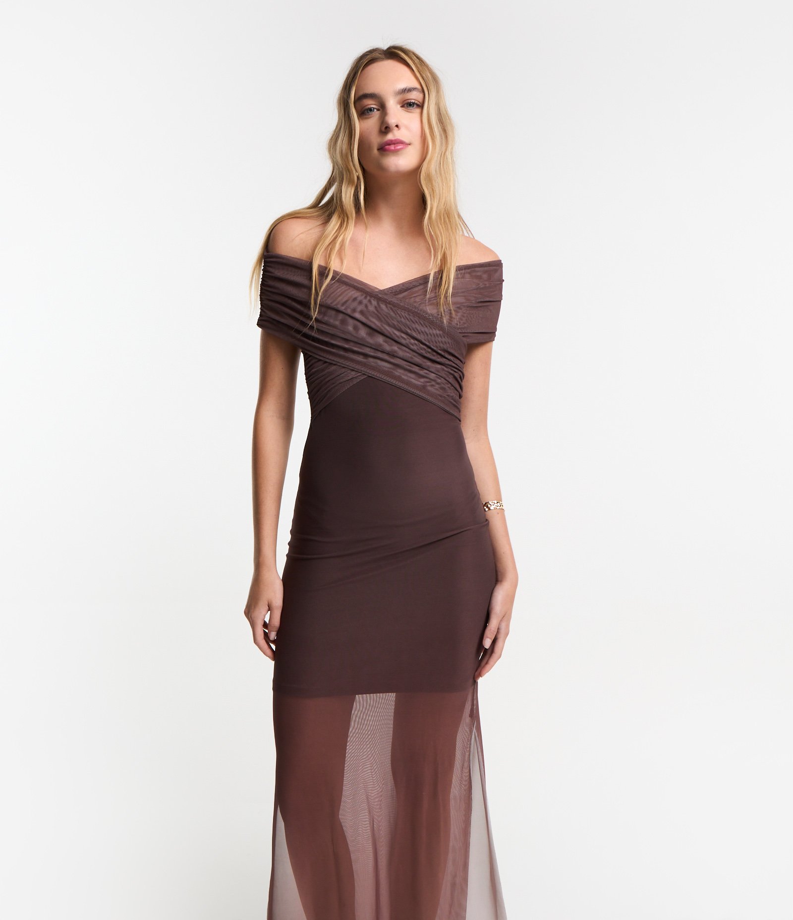 Vestido Midi em Tule com Decote Cruzado Marrom 3