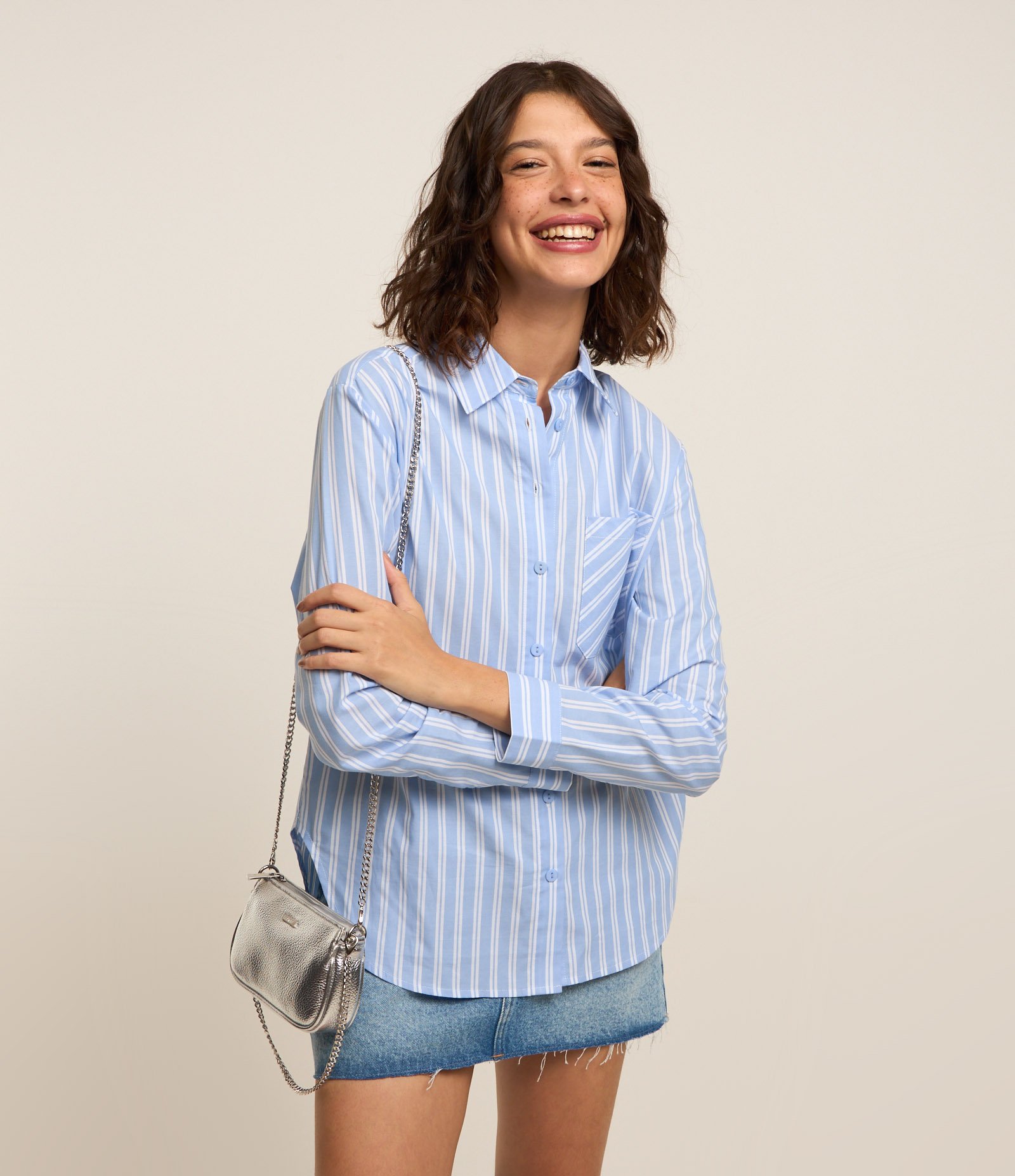 Camisa em Tricoline com Listras em Fio Tinto Azul 1