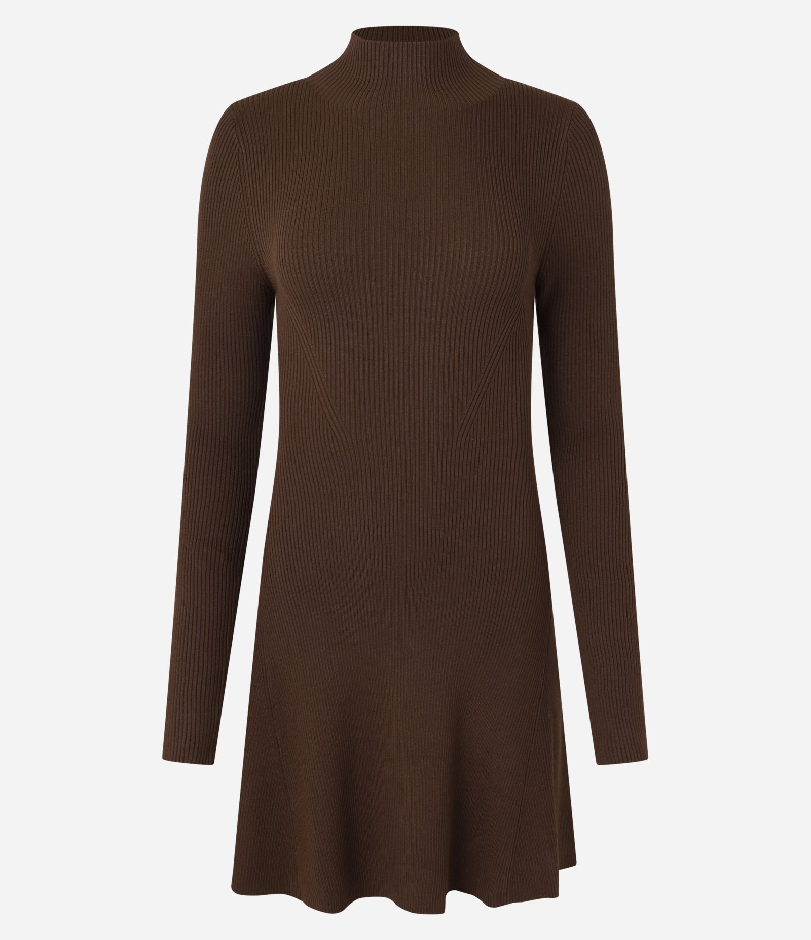 Vestido Evasê Curto em Tricô Canelado com Gola Alta Marrom 3