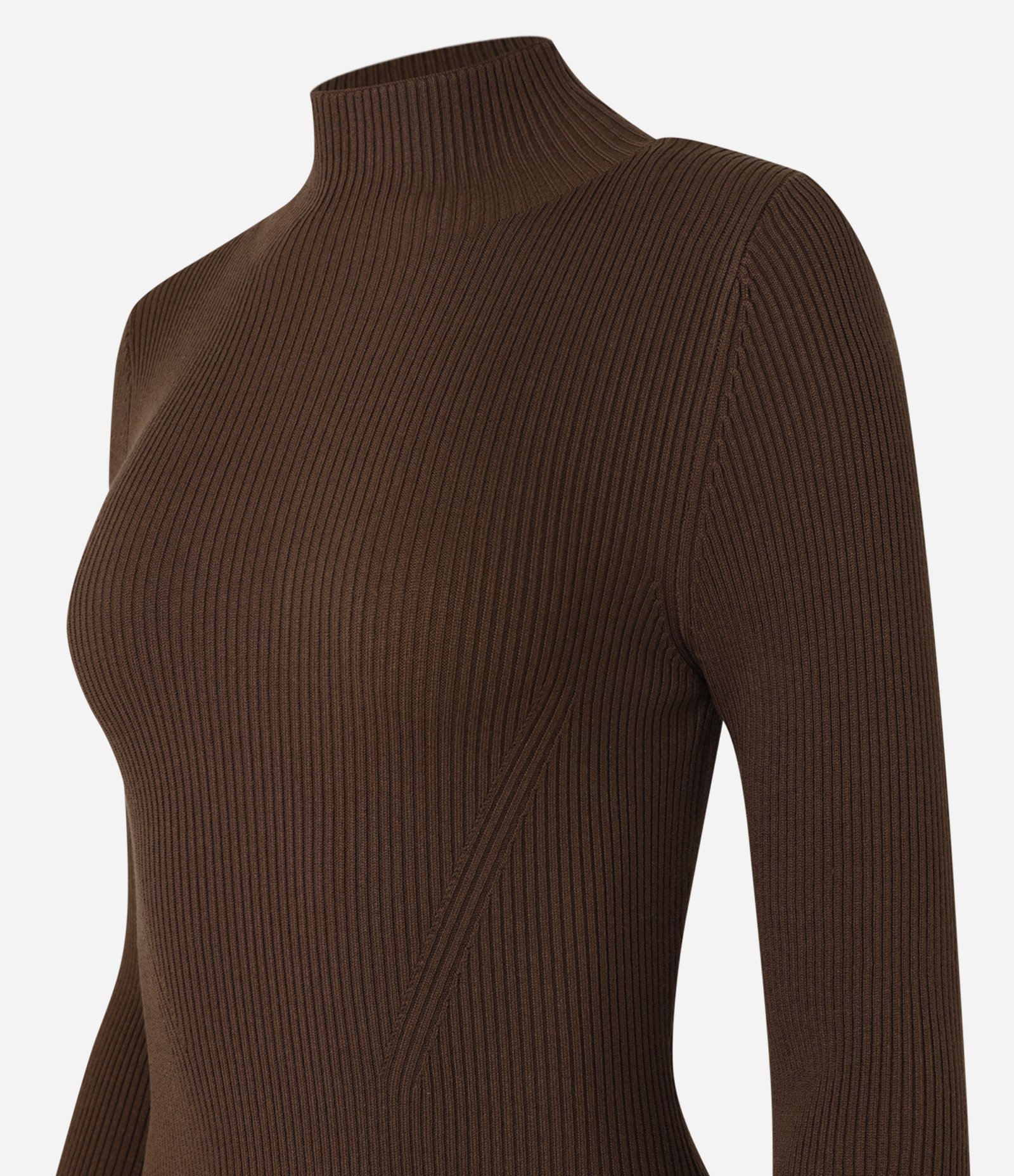 Vestido Evasê Curto em Tricô Canelado com Gola Alta Marrom 4