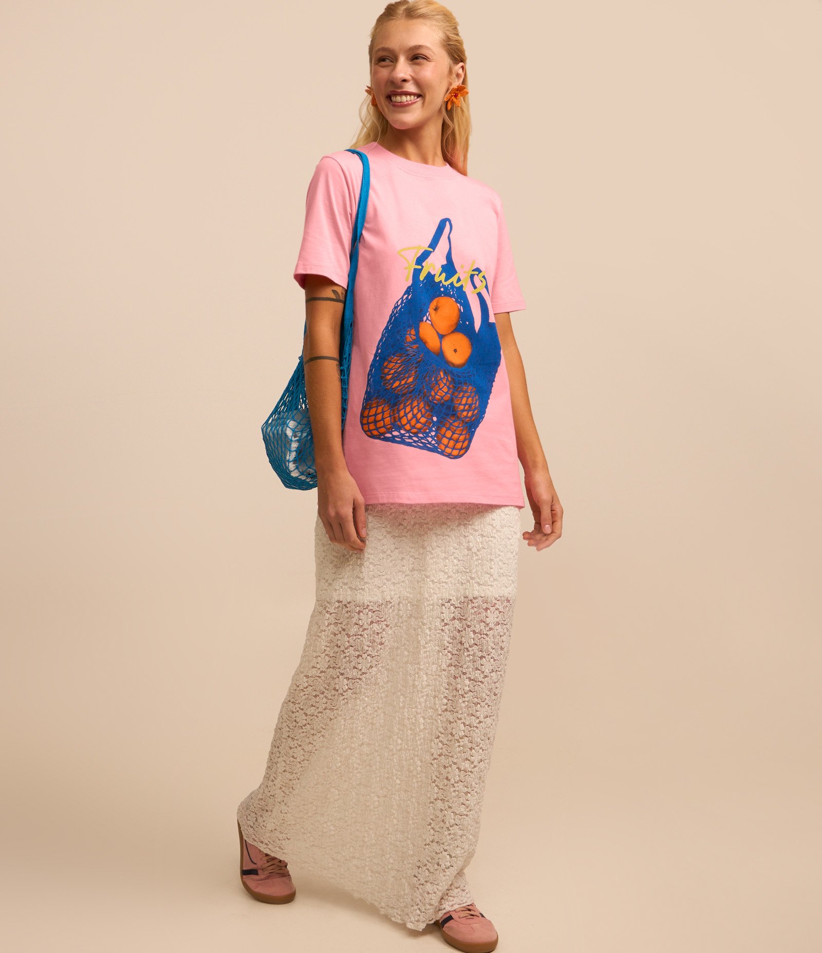 Camiseta Alongada em Algodão com Estampa Frontal Laranjas Rosa 2