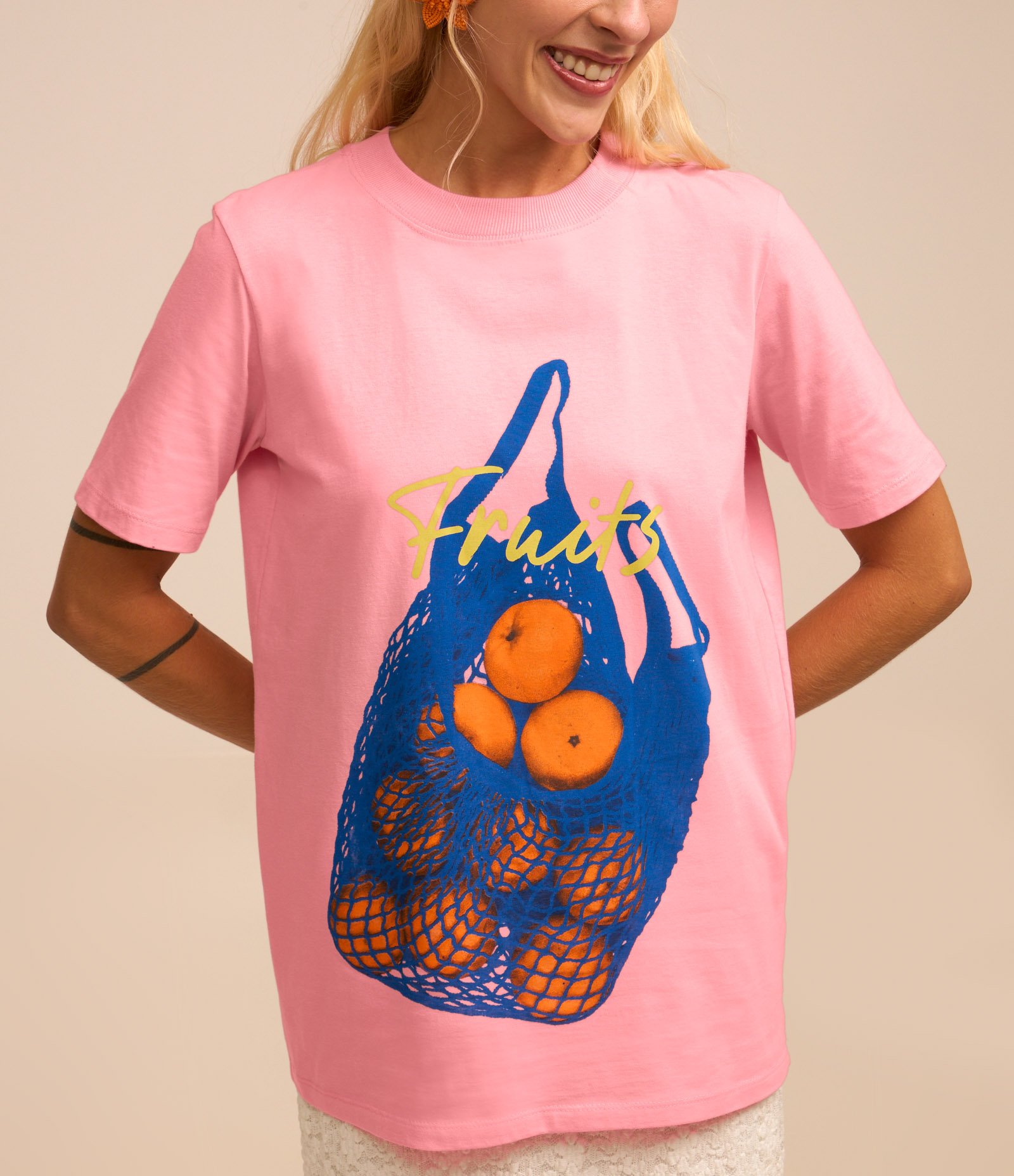 Camiseta Alongada em Algodão com Estampa Frontal Laranjas Rosa 3