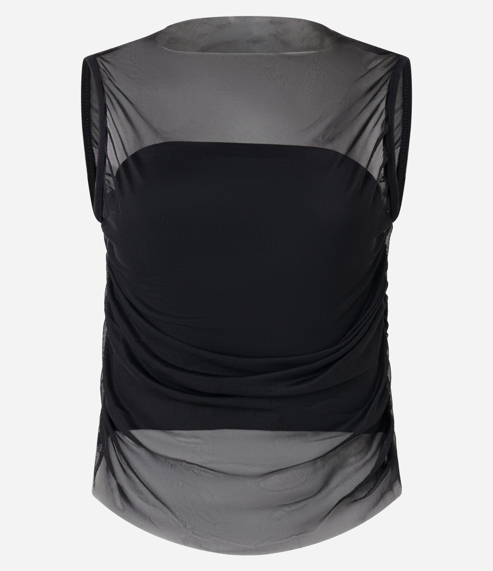 Blusa em Tule com Sobreposição e Drapeado Lateral Preto 1