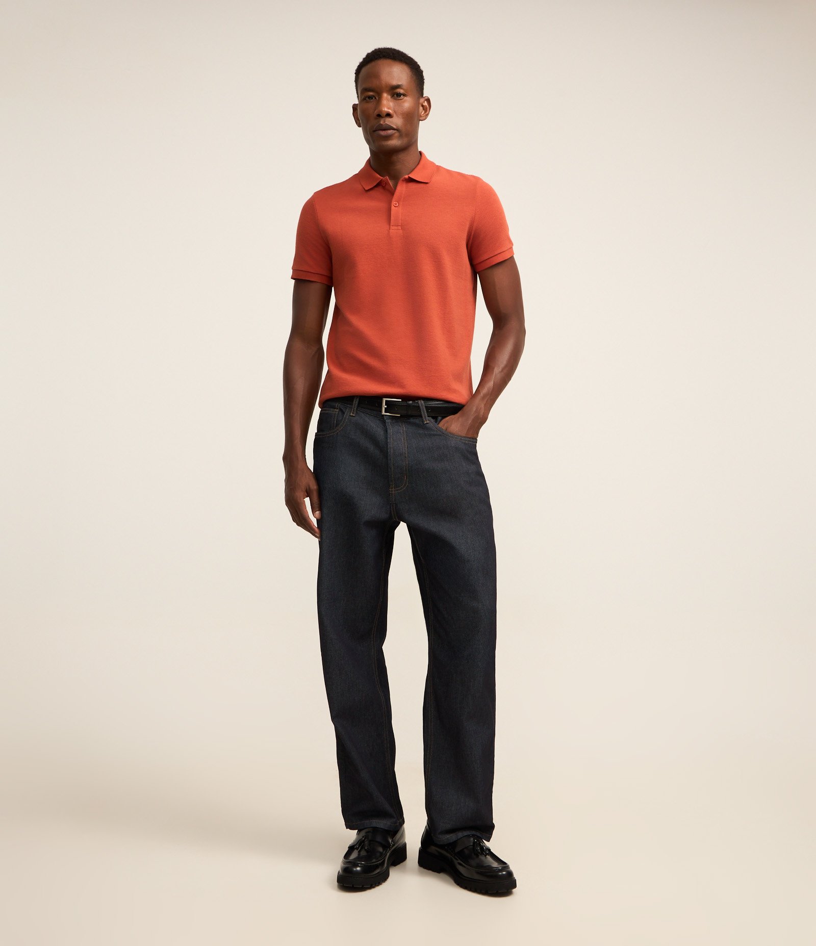 Camisa Polo Slim com Botões e Textura Canelada Laranja 2