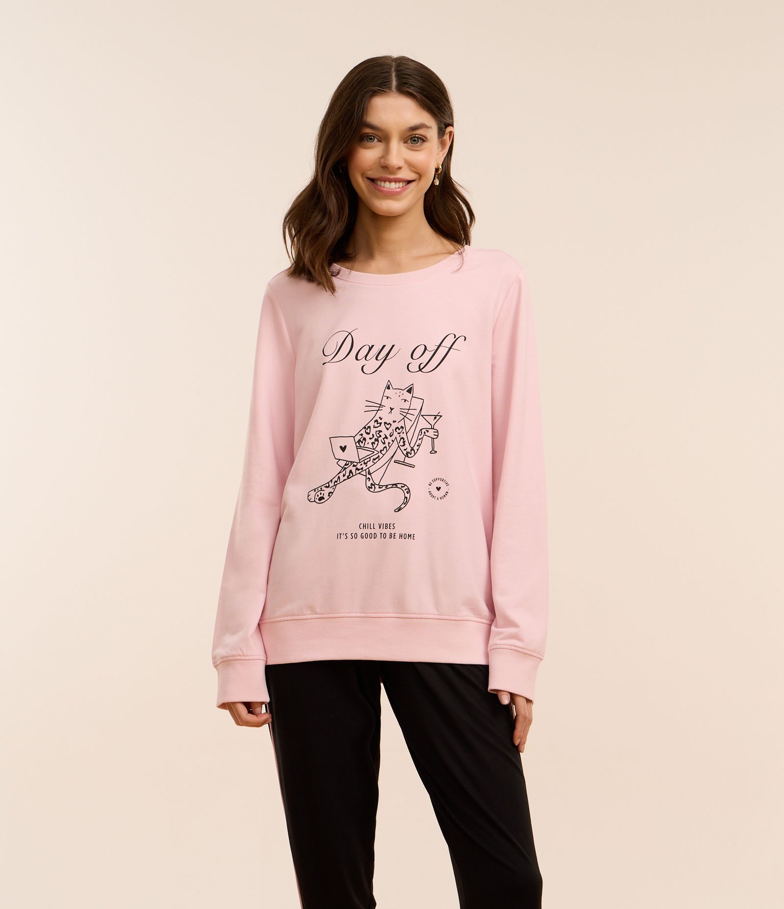 Blusa de Pijama em Algodão com Estampa Day Off Rosa 1