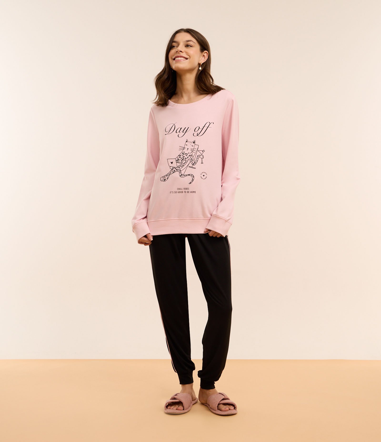 Blusa de Pijama em Algodão com Estampa Day Off Rosa 2