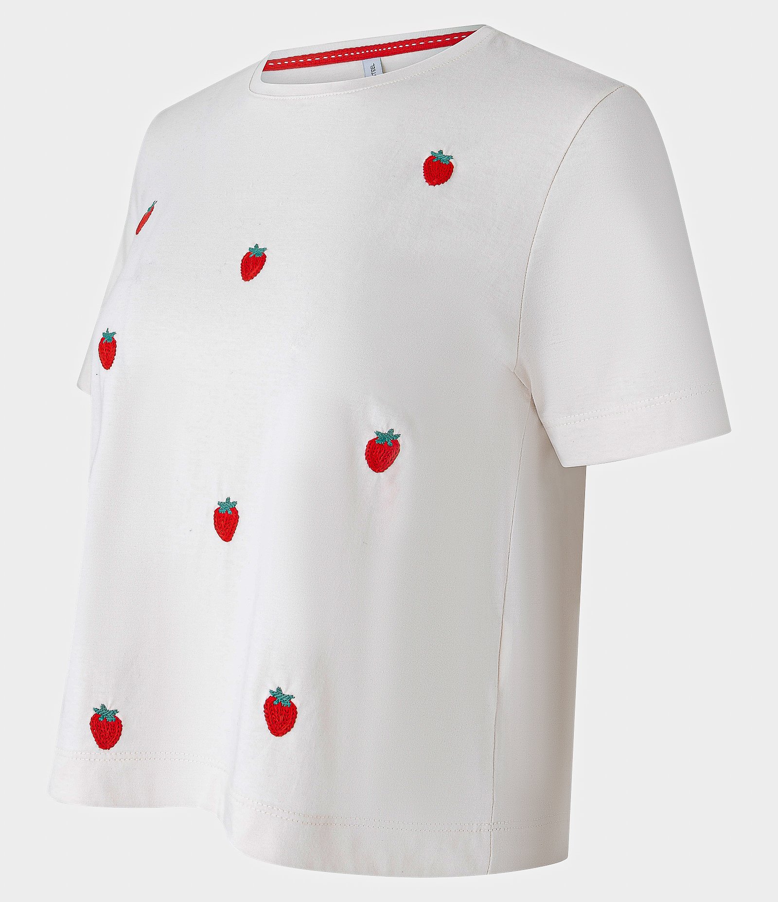 Blusa Baby Look em Algodão com Bordado de Morangos Branco 5