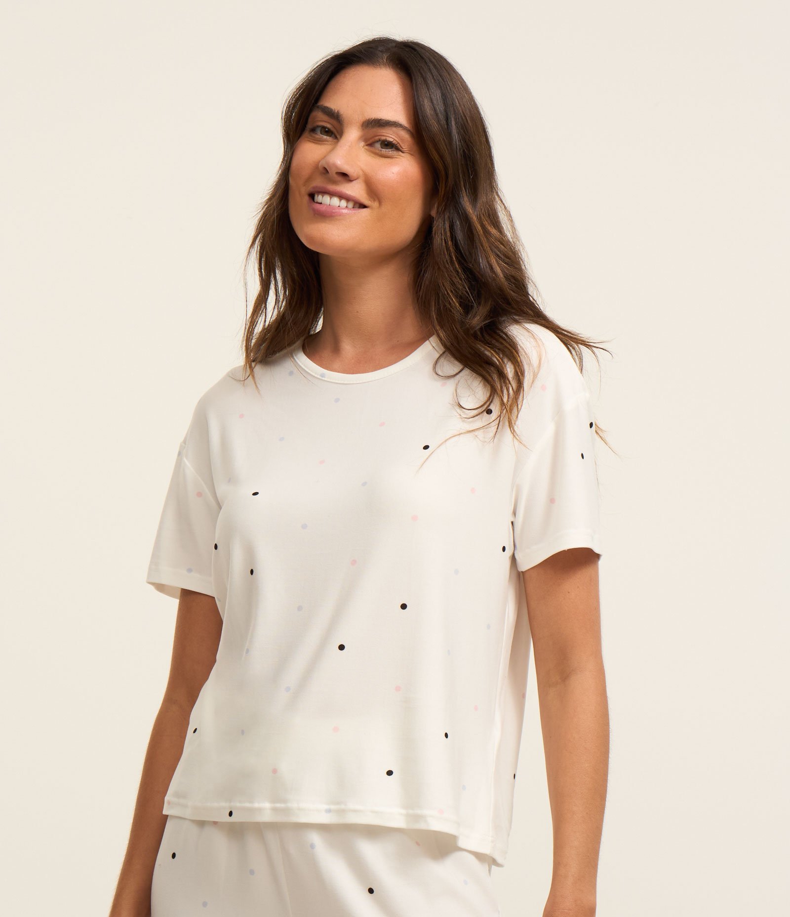 Blusa de Pijama com Toque Suave e Estampa Poá Branco 1