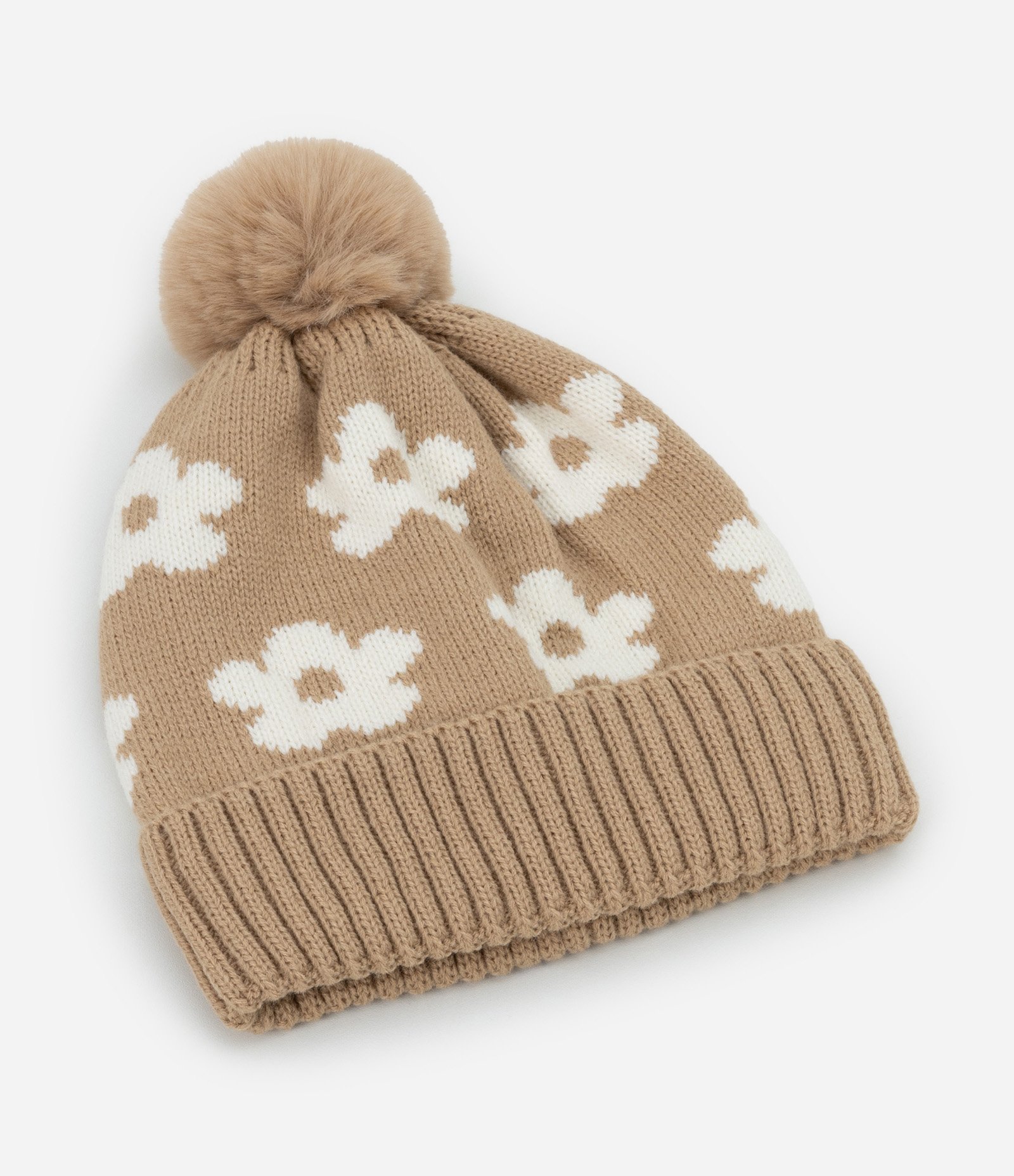 Gorro Infantil em Tricô com Estampa Corações e Pompom – Tam U Bege 1