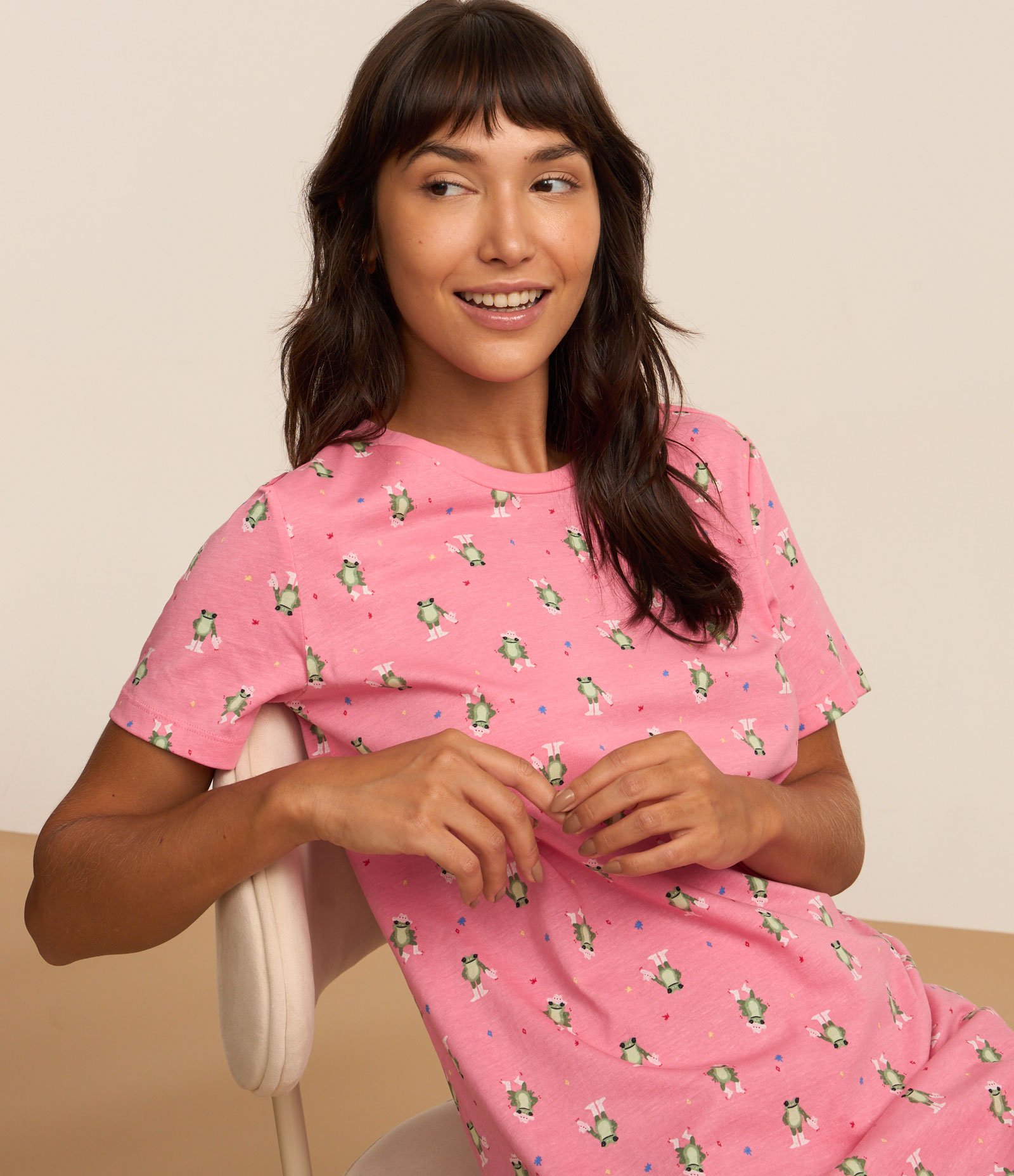 Camisola Manga Curta em Algodão Estampa Sapos Rosa 1