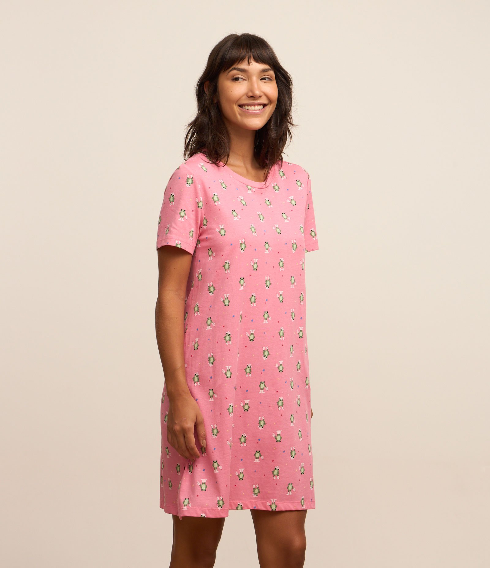 Camisola Manga Curta em Algodão Estampa Sapos Rosa 2