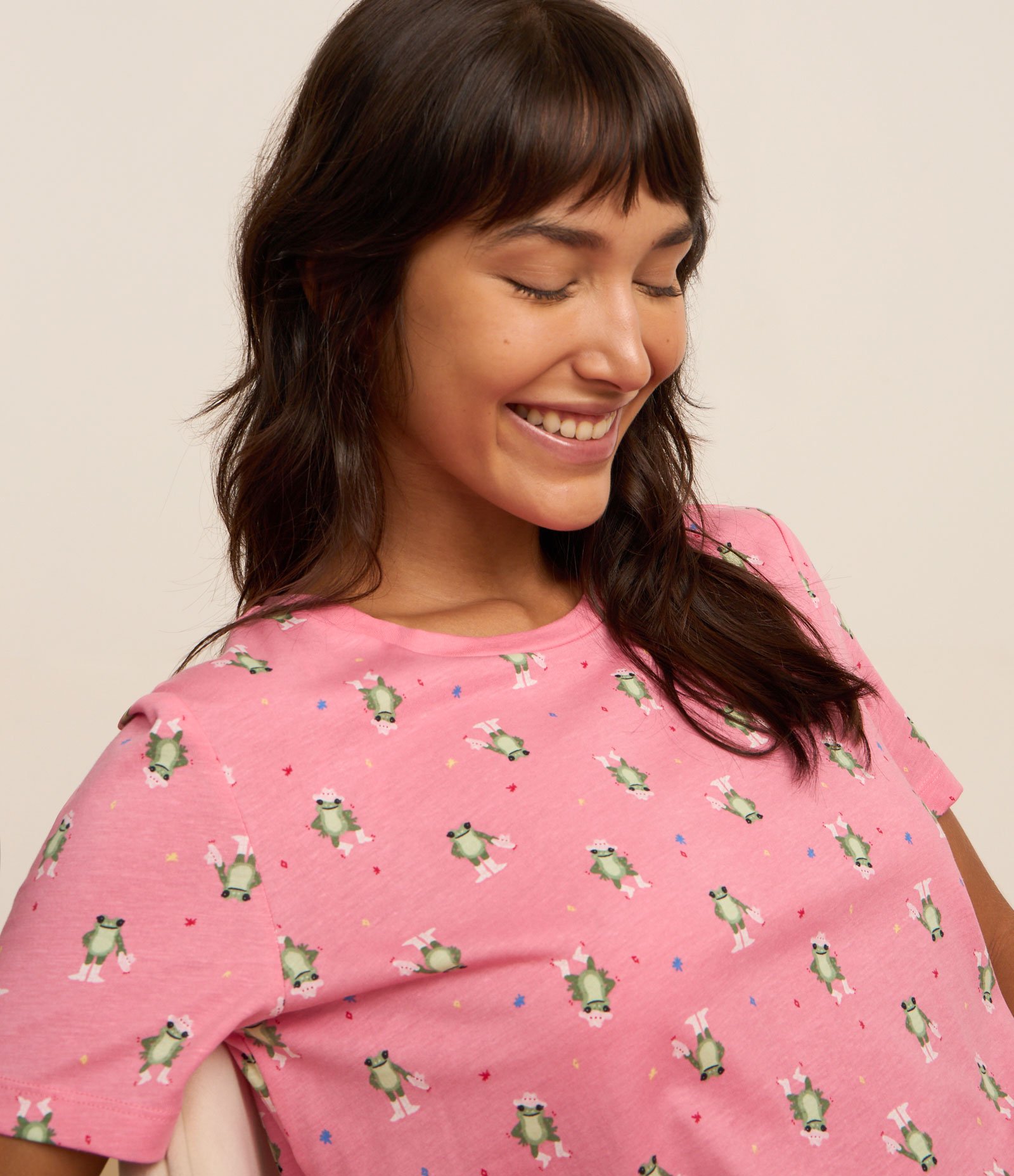 Camisola Manga Curta em Algodão Estampa Sapos Rosa 3