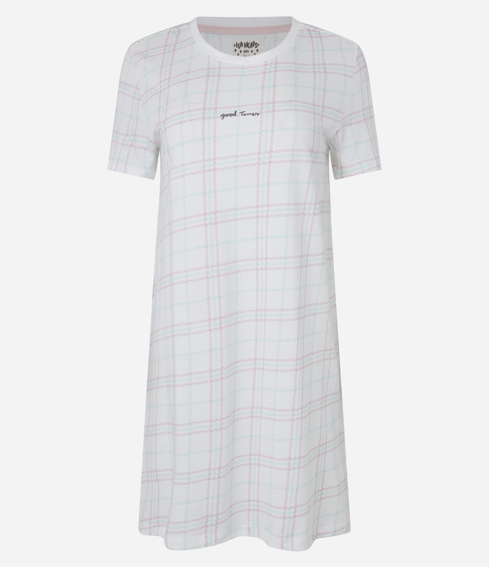 Camisola Manga Curta com Estampa Xadrez e Lettering Good Times Branco 3