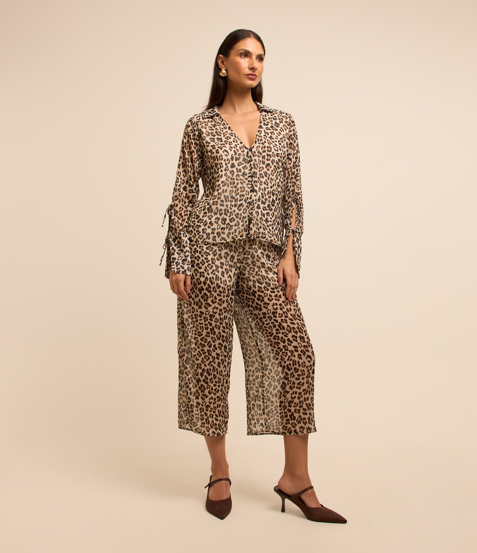 Camisa em Chiffon com Amarração na Manga e Estampa Oncinha Marrom 2