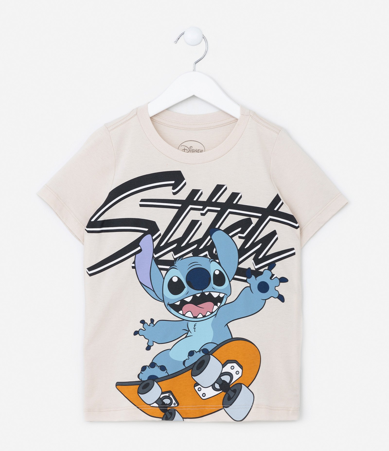 Camiseta Infantil com Estampa do Stitch no Skate - Tam 3 a 10 Anos Bege 1