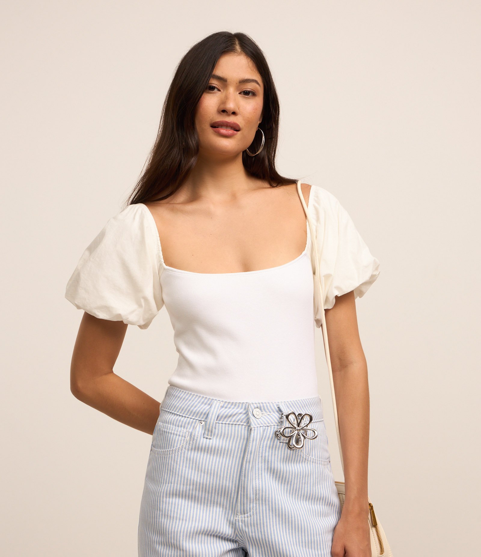 Body em Ribana com Manga Balone Branco 1