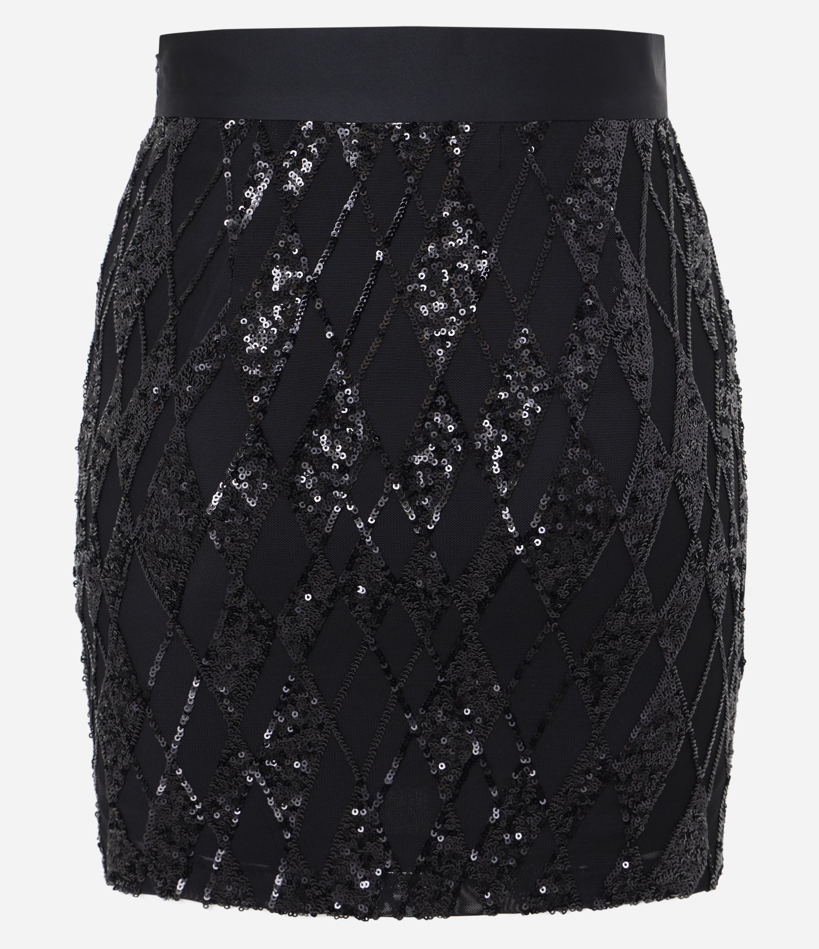 Saia Curta em Paetês e com Cós Acetinado Preto 9